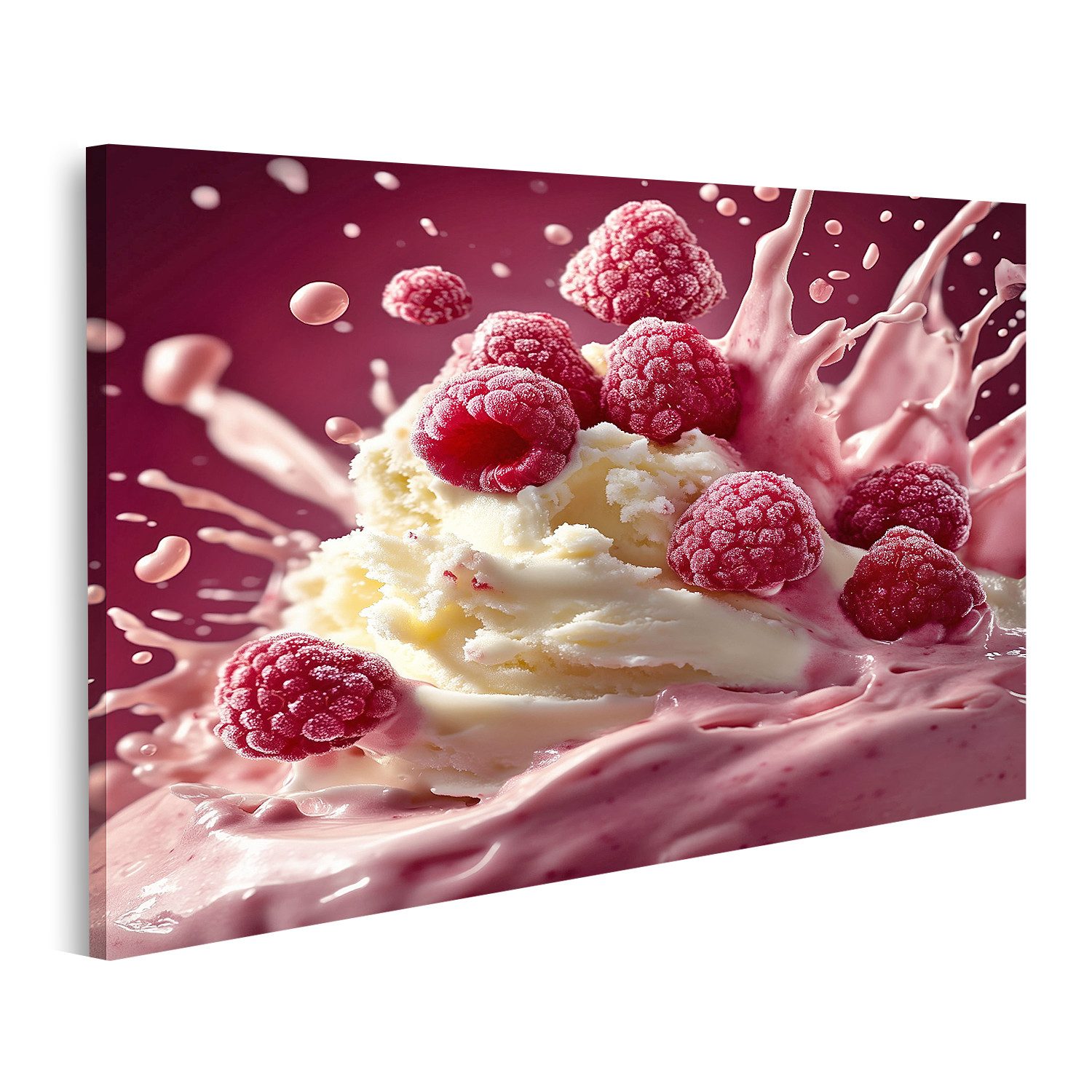 islandburner Leinwandbild, Spritzende Himbeeren und Vanilleeis in Milch im Vergleich
