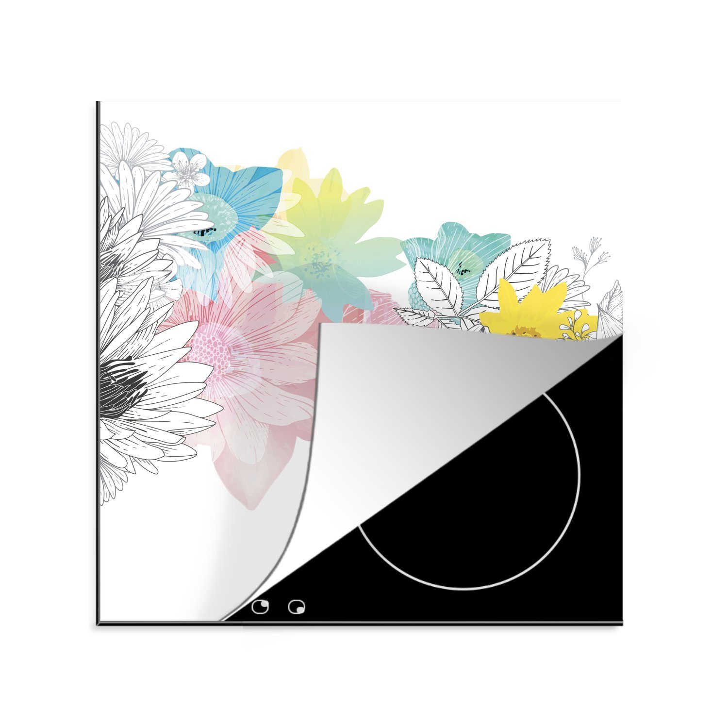 MuchoWow Arbeitsplatte Illustration 78x78 für tlg), mit Herdblende-/Abdeckplatte Blumenmusters Ceranfeldabdeckung, cm, Farbe, Vinyl, küche (1 eines