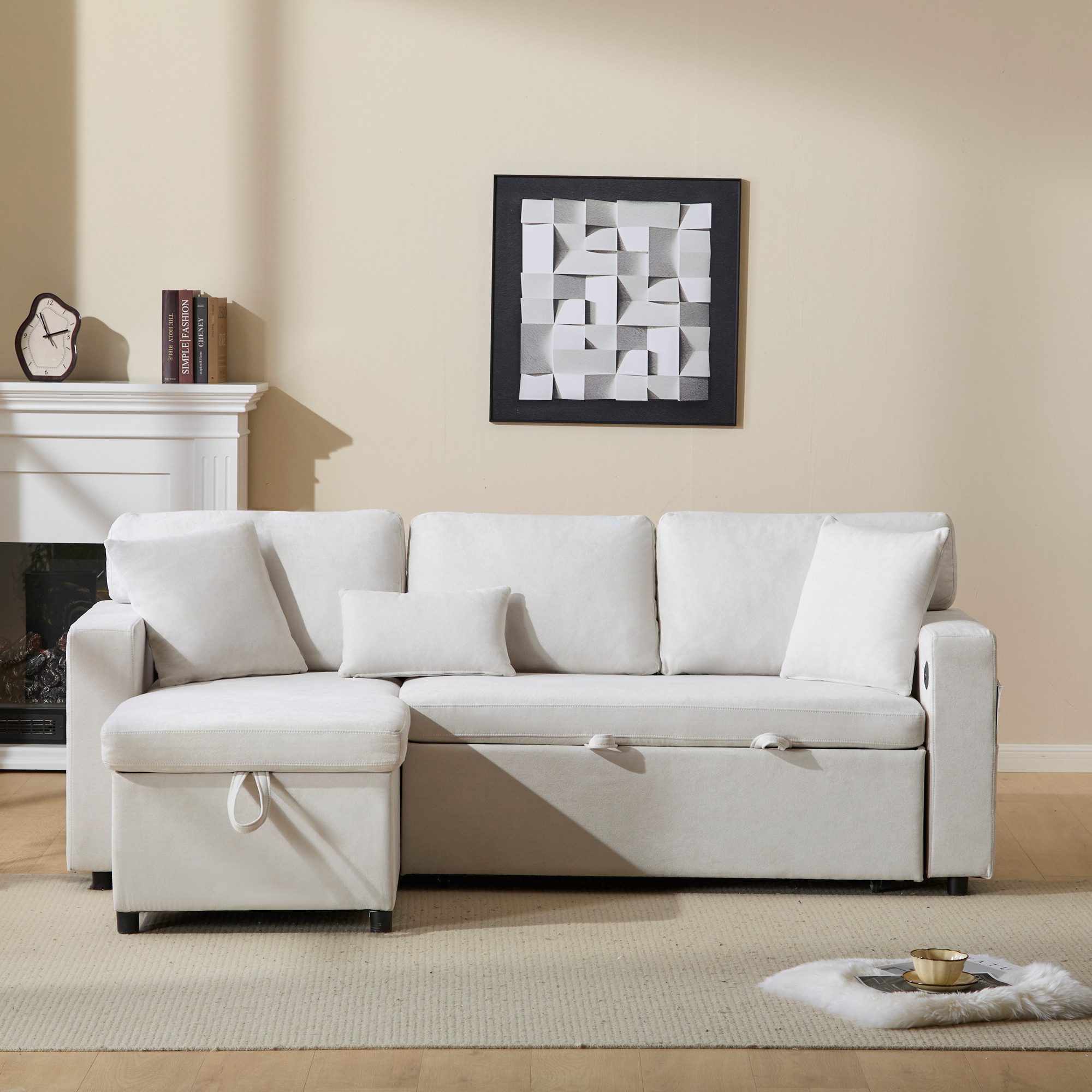 STILVORA Schlafsofa mit bettfunktion,L-Form couch mit schlaffunktion und Bettkasten,beige, Daybett, Polstersofa, Wohnzimmersofa, 3-Sitzer-Schlafsofa