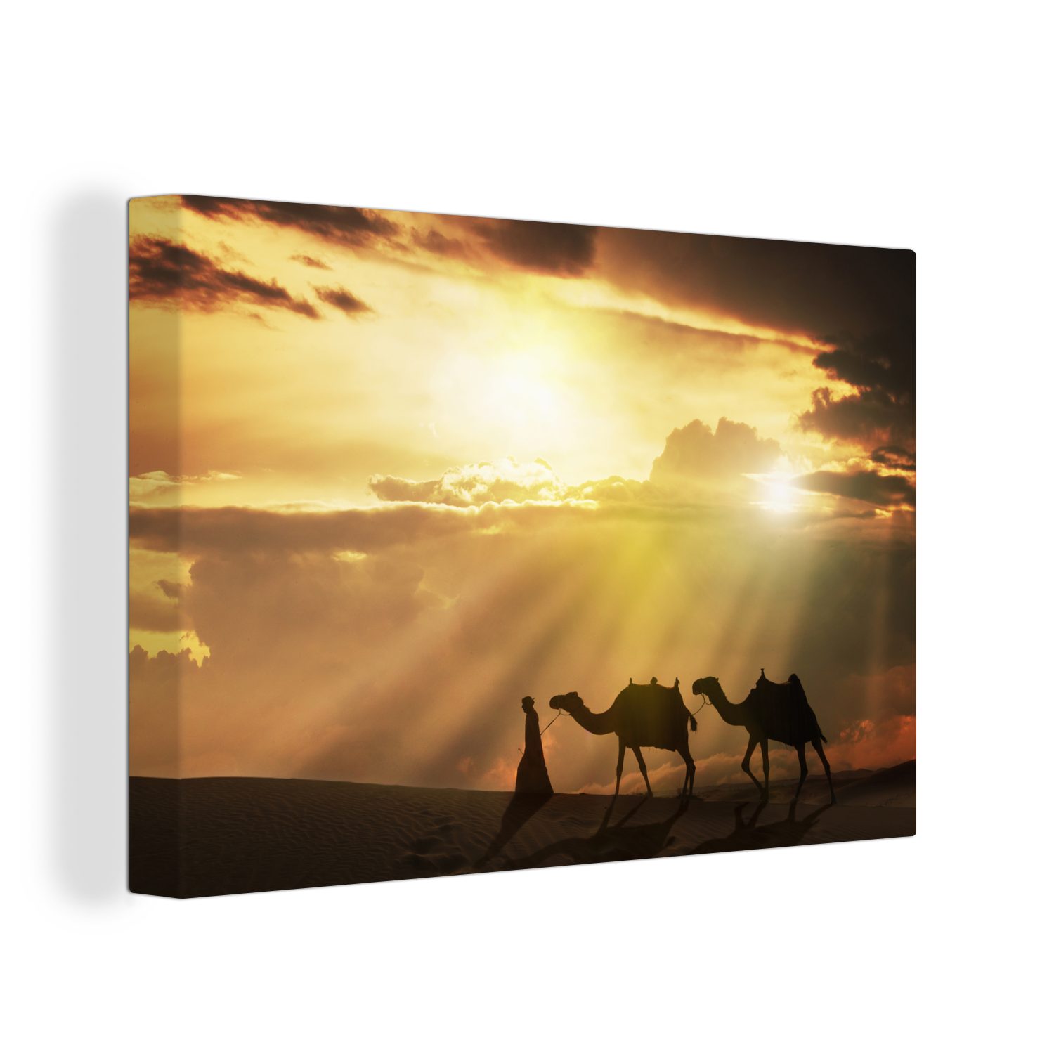 OneMillionCanvasses® Leinwandbild Arabischer Mann und Kamele bei Sonnenuntergang, (1 St), Wandbild Leinwandbilder, Aufhängefertig, Wanddeko, 30x20 cm