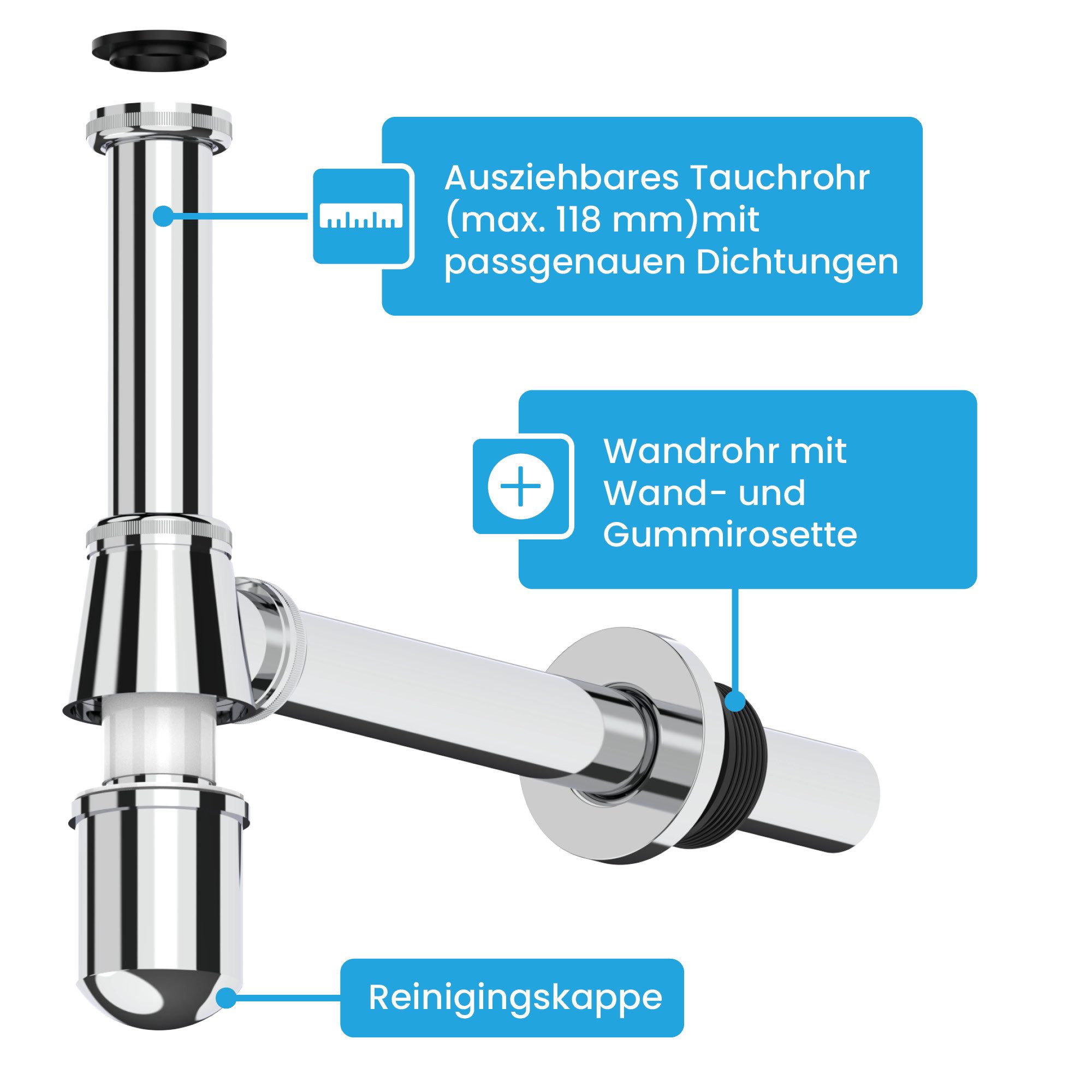 Bächlein Siphon Tassensiphon mit abnehmbarer Reinigungskappe, massives, verchromtes Messing