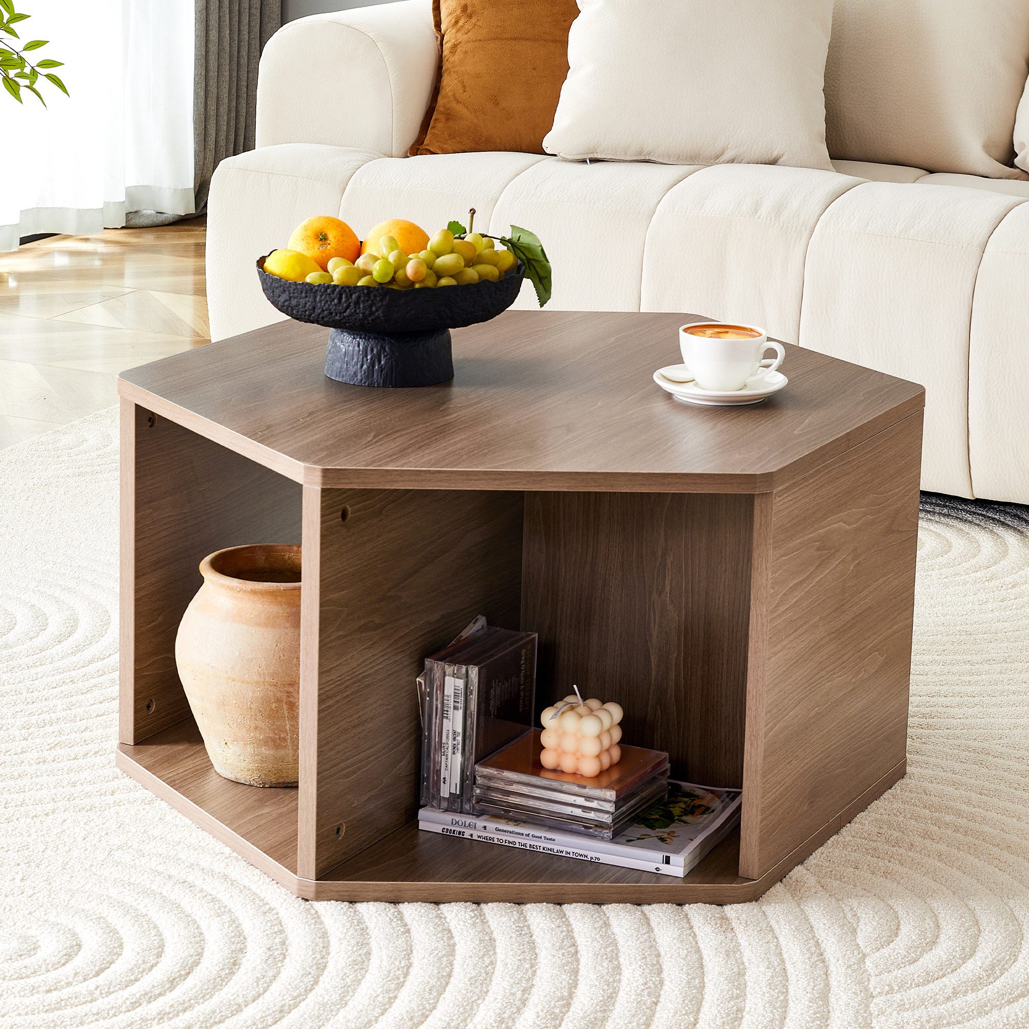 Fine Life Pro Ablagetisch Sechseckiger Couchtisch 79×69×40cm Walnuss-Optik & Mid-Century Design