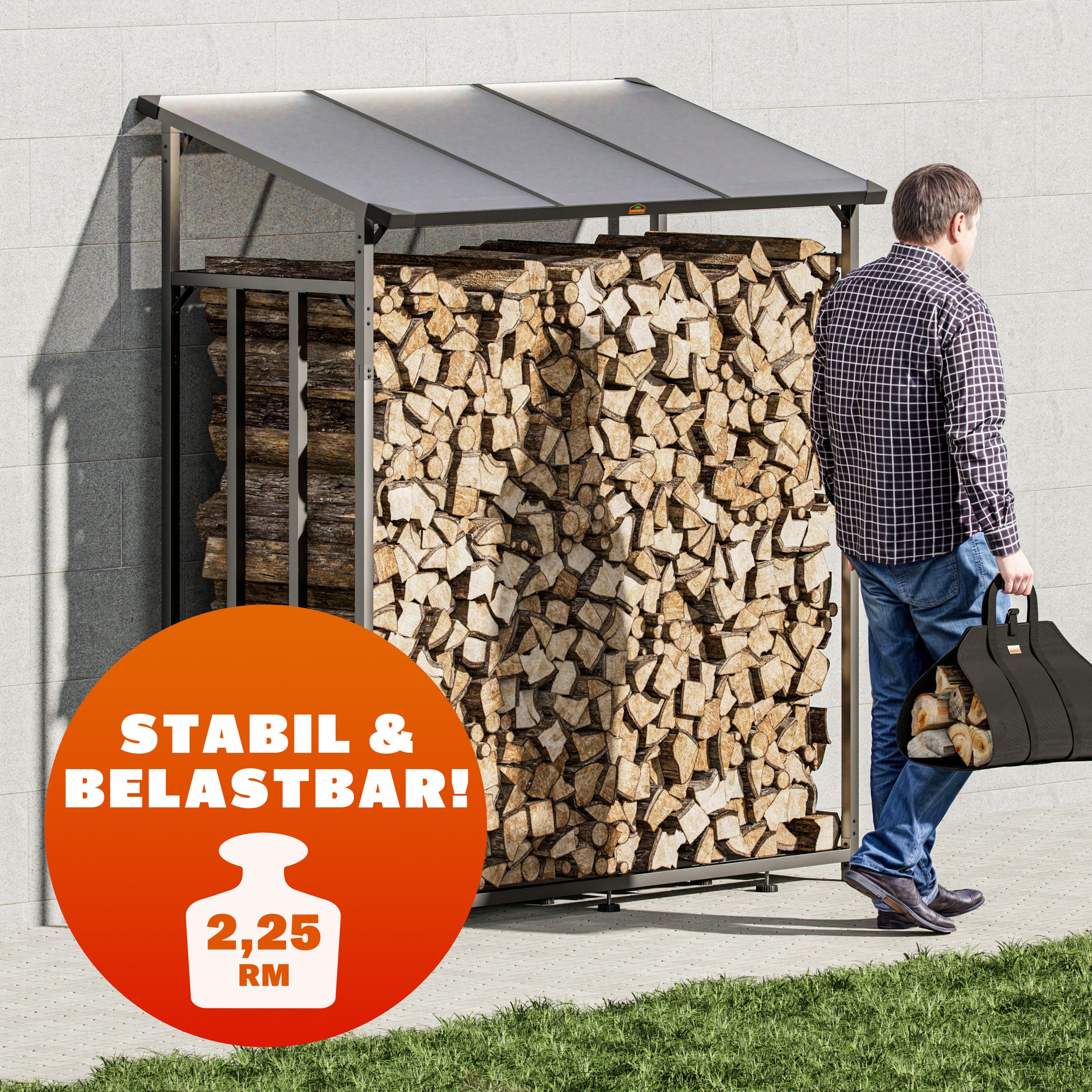 Gardebruk Kaminholzregal, BxTxH:198x163x70 cm, Außen Stahl XXL Schwarz mit Dach Abdeckung Holzunterstand Holzlager