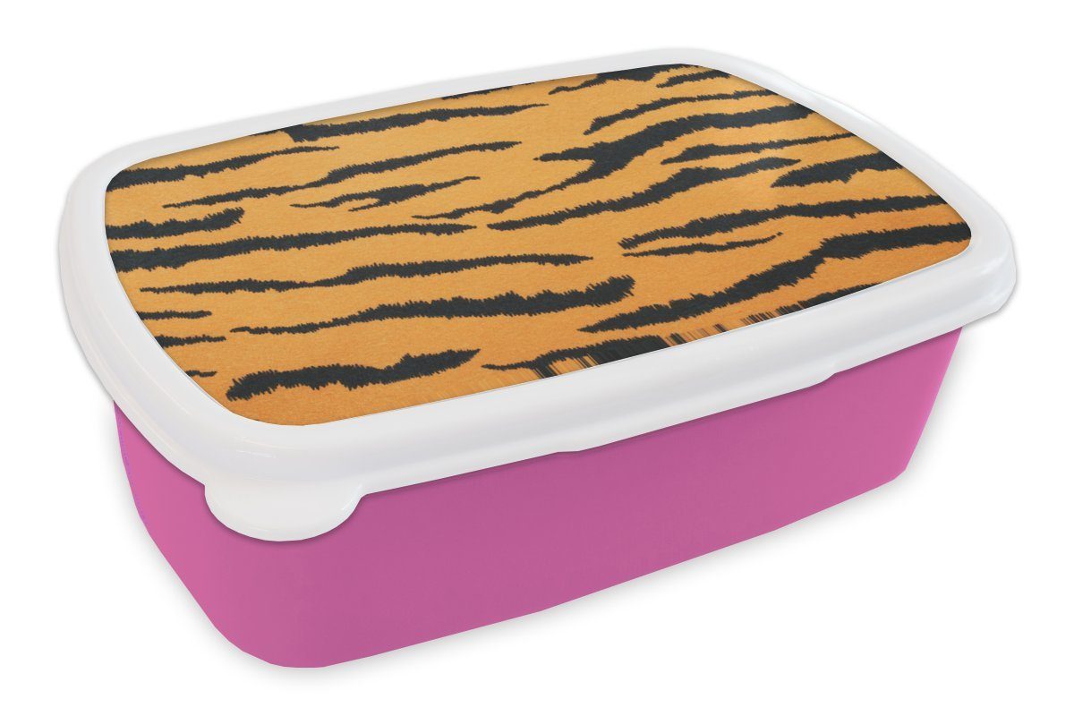 Brotdose MuchoWow Lunchbox Kunststoff, Erwachsene, (2-tlg), - Braun Mädchen, Tigerdruck rosa - für Brotbox Kunststoff Snackbox, Kinder, Orange,