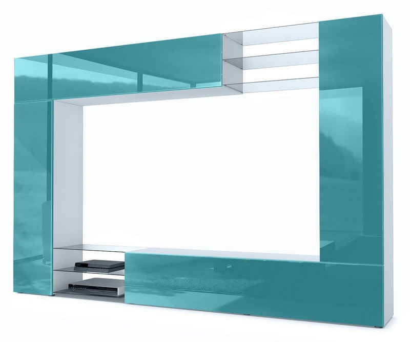 Vladon Wohnwand Mirage, (Anbauwand mit Rückwand mit 2 Türen, 4-St., 2 Klappen und 6 offenen Glasablagen), Weiß matt/Petrol Hochglanz (262 x 183 x 39 cm)