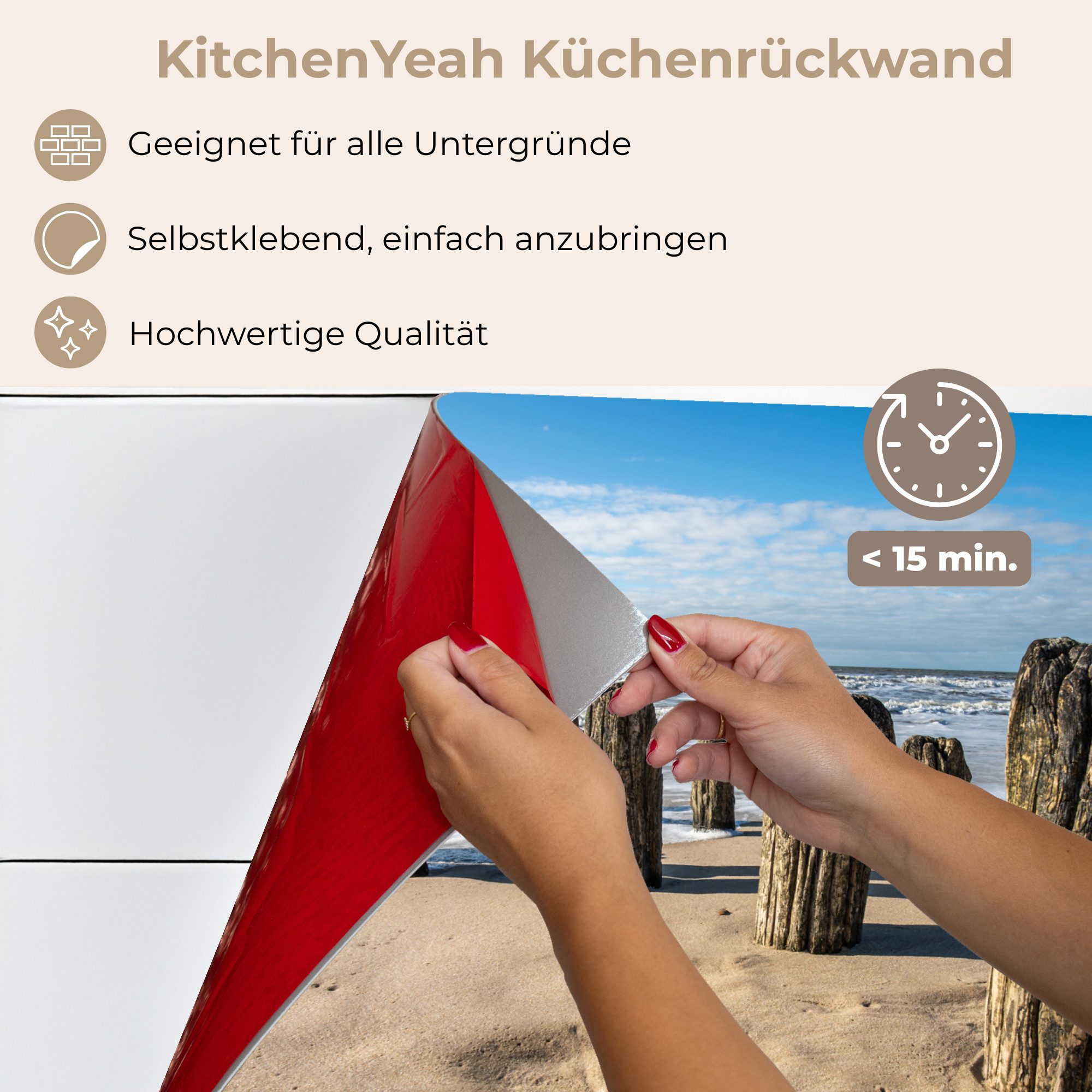 KitchenYeah Küchenrückwand selbstklebend Sand - Strand - Pfahl - Wasser - Sommer, (1-tlg), Spritzschutz, Küche, Rückwand, Küchenwand, Küchenfront, 80x60 cm – Bild 5 von 5