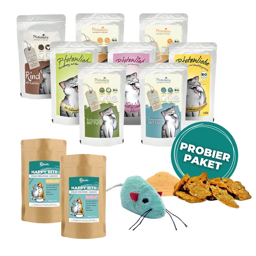 Pfotenliebe Schnupperpaket für Katzen - 8 x 100g mit Futtertopping Huhn, Nassfutter für: Katzen