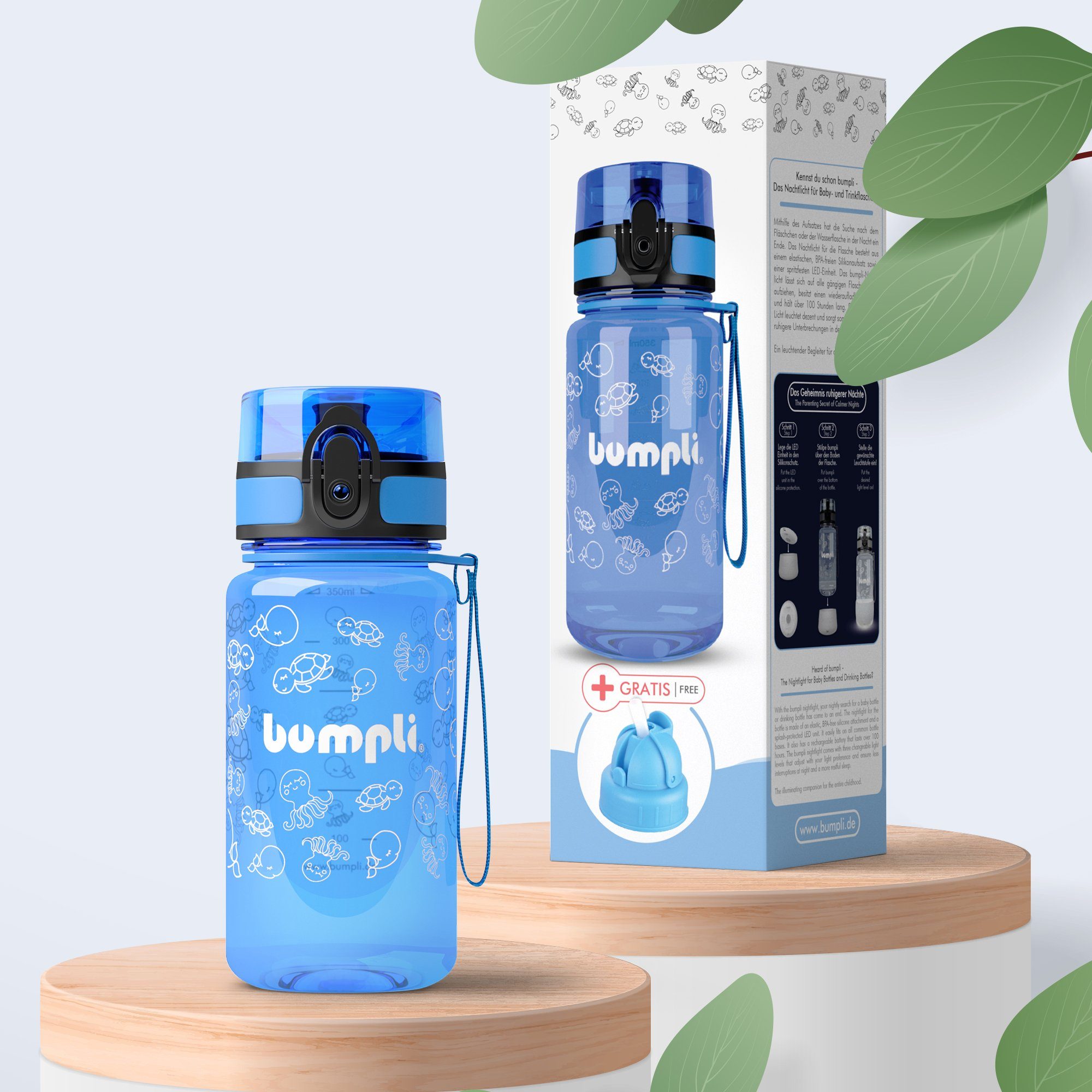 spülmaschinenfest, Kinder Trinkflasche Blau 350ml Wasserflasche, +Strohhalmdeckel, BPA-frei, auslaufsicher, Fruchtsieb Trinkflasche bumpli® Trageschlaufe,