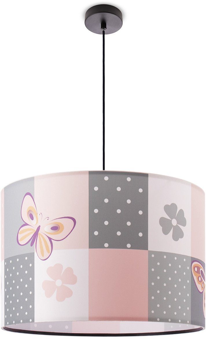 Paco Home Pendelleuchte Cosmo 220, ohne Leuchtmittel, Lampe Kinderzimmer Deckenlampe Rosa Schmetterling Blumen Karo E27