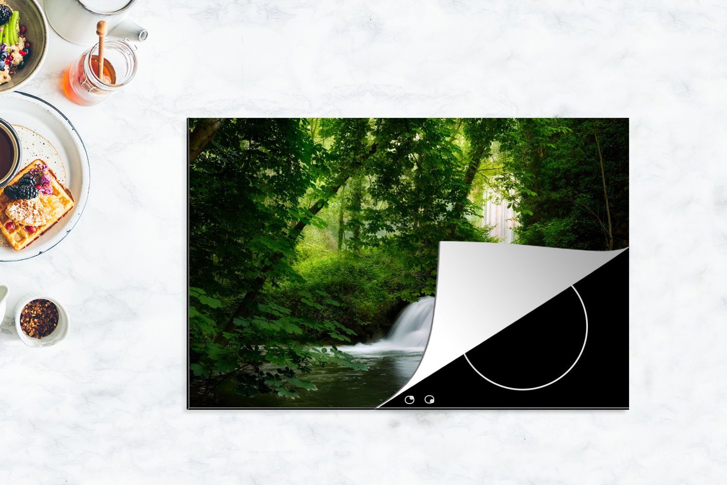 (1 cm, - - Grün, für Wasserfall Induktionskochfeld tlg), die Ceranfeldabdeckung küche, Herdblende-/Abdeckplatte Vinyl, Natur Schutz 80x52 MuchoWow