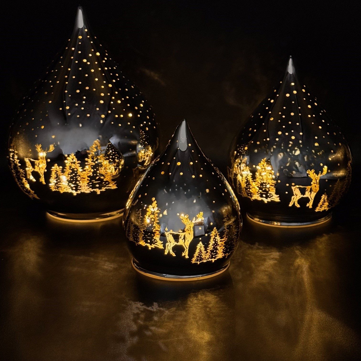 LED Dekolicht 3er Set Glastropfen Winterwald mit LED Lichterkette & Timer in Silber