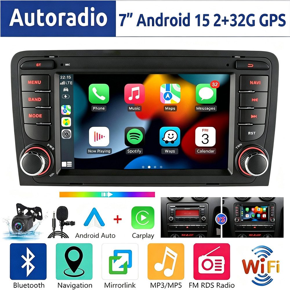 ESSGOO 7" Android 15 Für Audi A3 8P 2003-2012 S3 2006-2012 RS3 GPS Navi Autoradio (RDS, 2+64GB(optional), FM, DAB+ (optional), Wireless Carplay Android Auto Bluetooth EQ USB WIFI Touchscreen SWC)