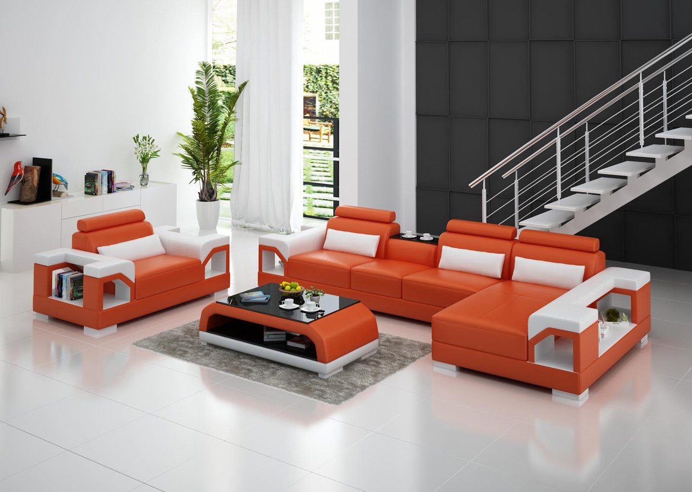 Orange/Weiß Ecksofa JVmoebel L Sofa Form Wohnzimmer-Set, Wohnlandschaft Garnitur Sessel Modern Set