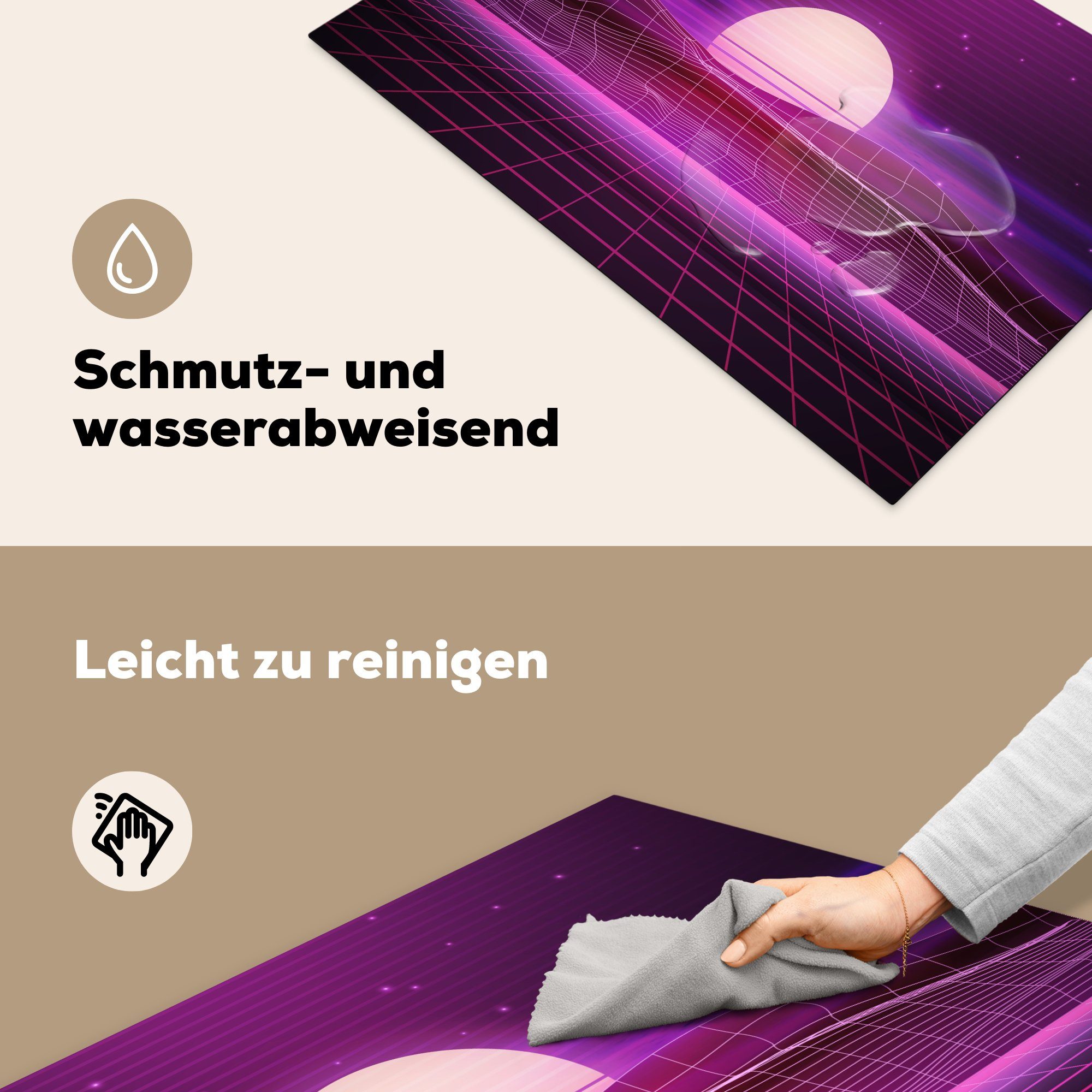 - küche Spiele, - Neon Lila Sonne Vinyl, - für MuchoWow Ceranfeldabdeckung, Herdblende-/Abdeckplatte Retro cm, - - tlg), Arbeitsplatte Spiele (1 81x52