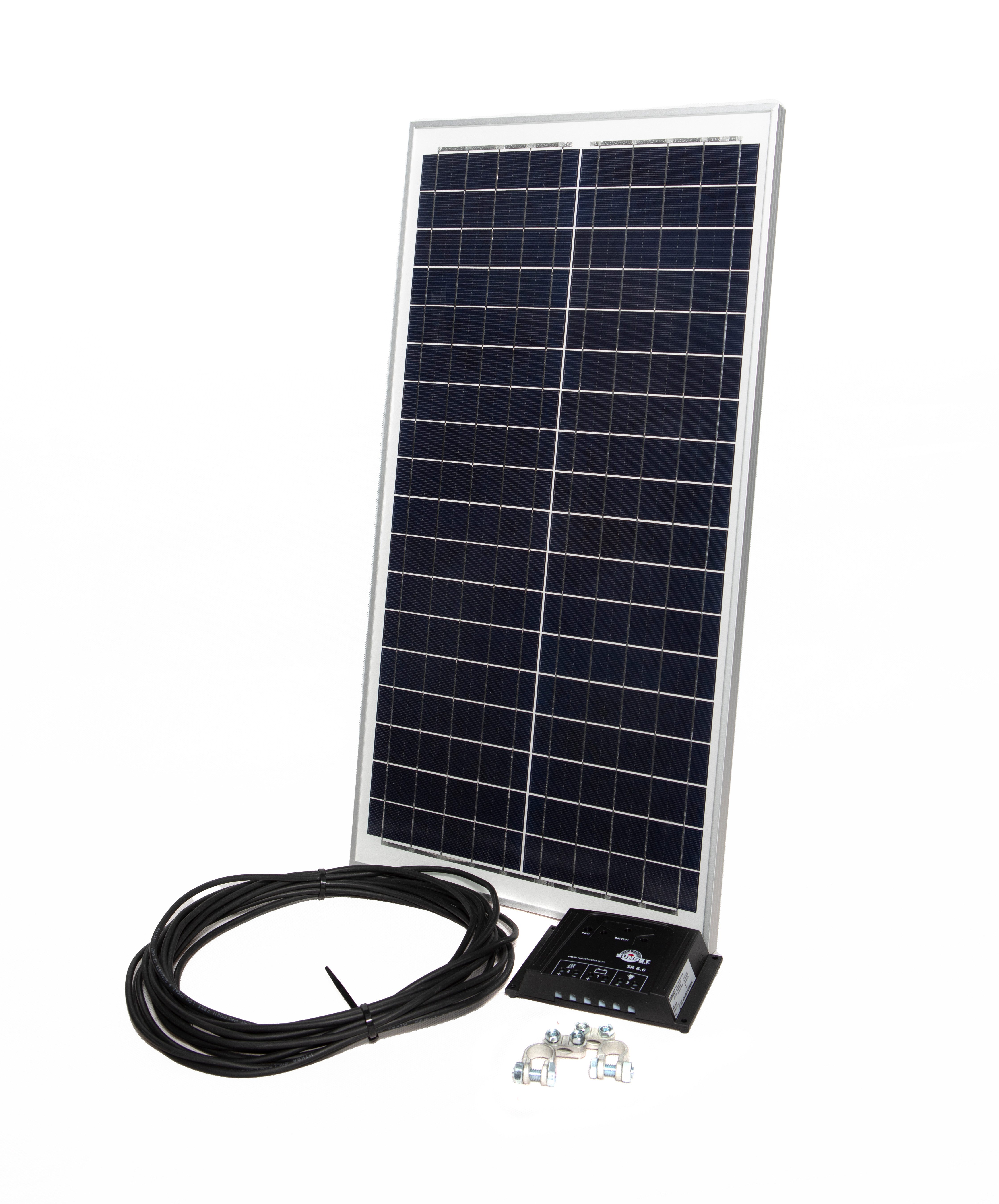 Sunset Solaranlage Stromset PV 30, 30 Watt, 12 V, für Fahrzeugdach/Boot/Gartenhaus, (inkl. 6 A Laderegler, 5 m Kabel, Batteriepolklemmen, "Made in Germany" nach ISO 14001 zertifiziertem Umweltmanagement