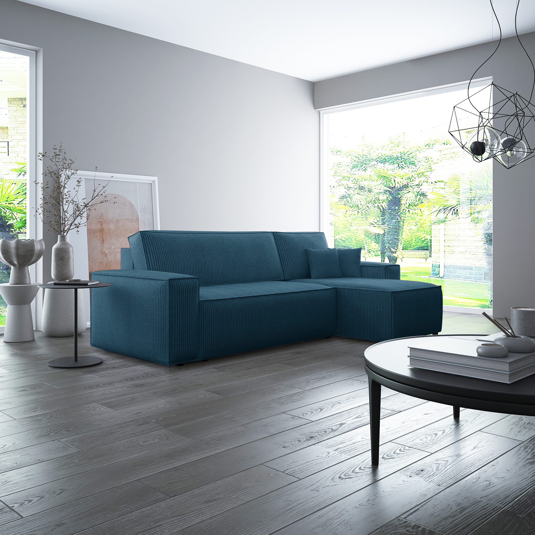 thematys Ecksofa mit Schlaffunktion und Bettkasten, L-Form, Cord und Bouclé + 2 Kissen, 244 x 145cm - Luxus Couch mit Bettfunktion mit Bonnellfedern
