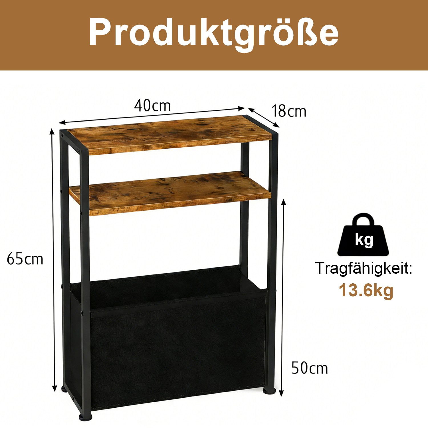 HEYHIPPO Ablageregal Schmaler Tisch mit Stoffkorb (65x40cm), platzsparend für kleine Räume, Schmales Nachttischchen mit Stoffkorb,65 cm hoch,bis 13,6 kg belastb – Bild 2 von 5