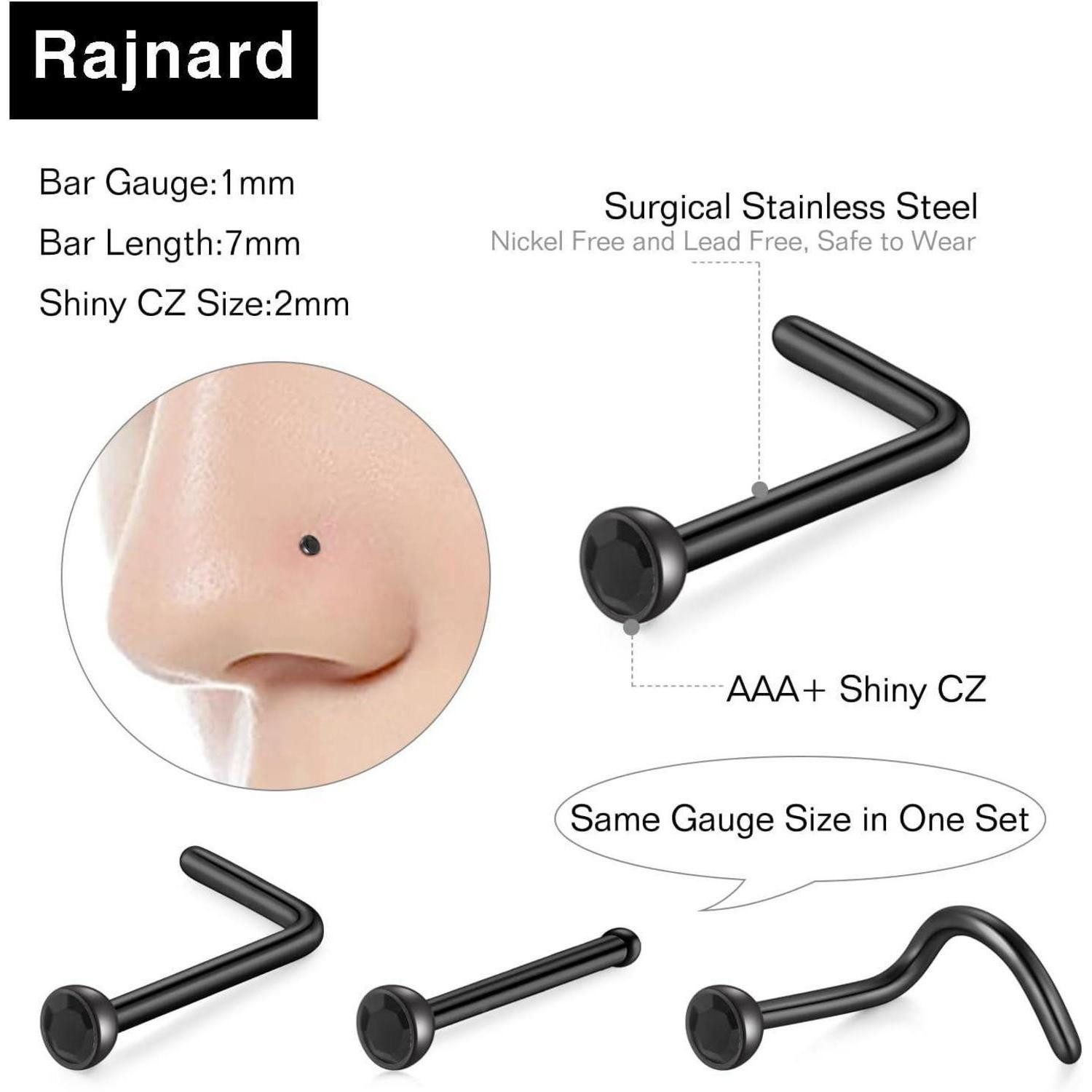 LuxusKollektion Nasenpiercing Nasenring Stud Edelstahl 7mm 0.6mm 0.8mm 1.0mm 22g 20g 1.0*7mm-black