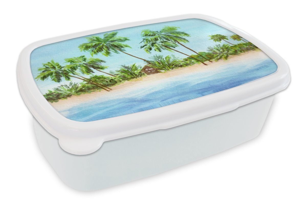 MuchoWow Lunchbox Palme - Hütte - Strand, Kunststoff, (2-tlg), Brotbox für Kinder und Erwachsene, Brotdose, für Jungs und Mädchen weiß