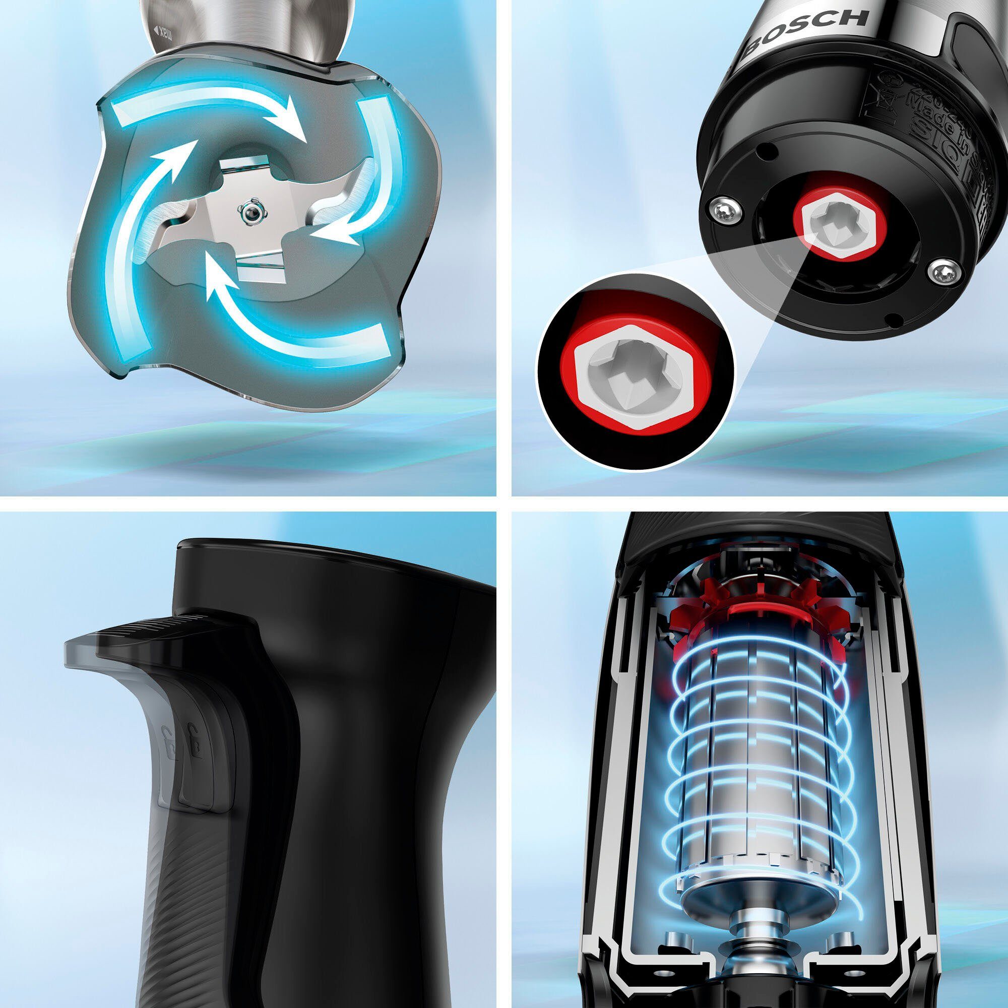 BOSCH Stabmixer ErgoMaster Serie 6 MSM6M610, 4 Klingen, Mixfuß Edelstahl, schwarz, 1000 W, Becher, luftgekühlter Motor, Keramikkupplung, 10 J Motorgarantie