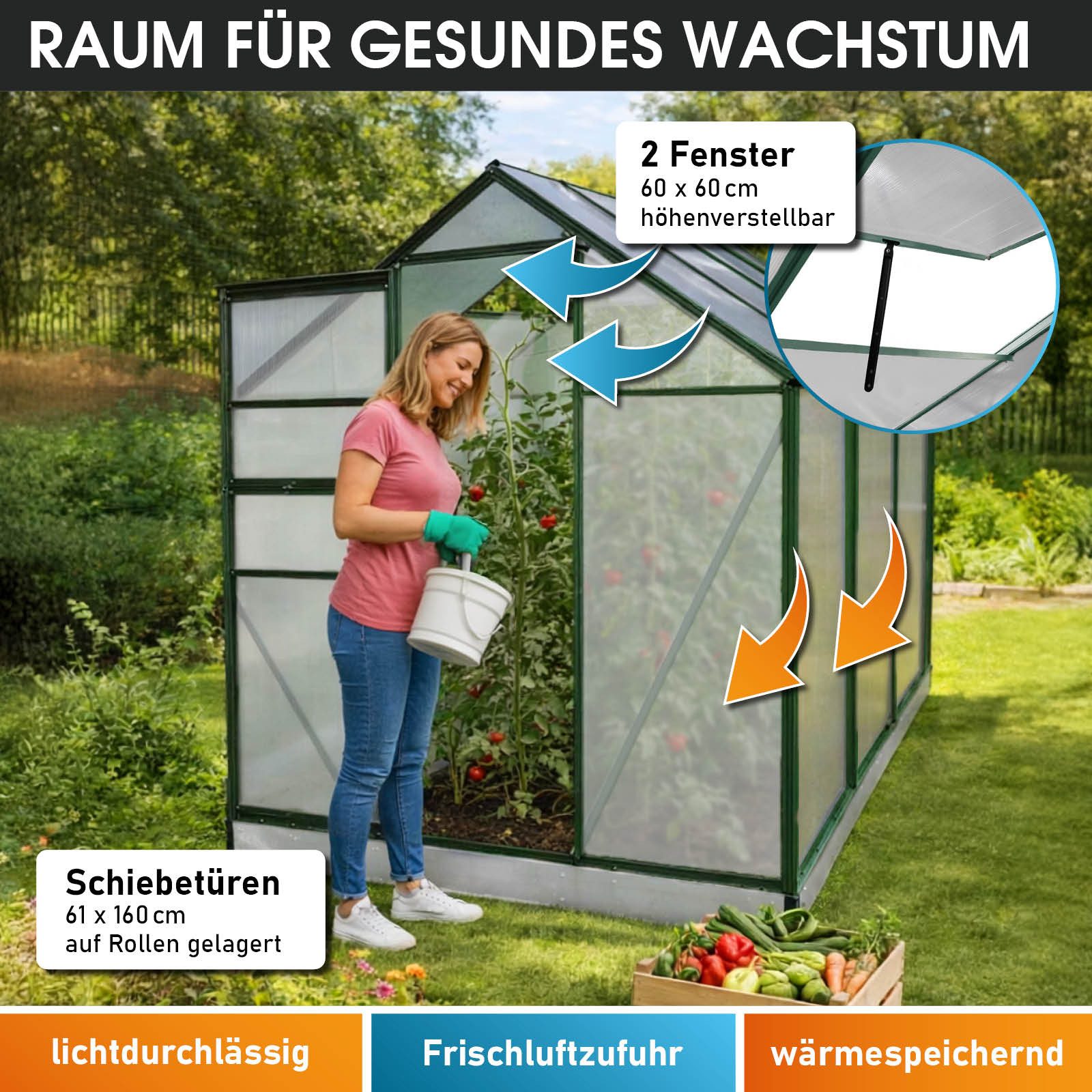 BRAST Gewächshaus ALU mit Fundament rostfrei 250x190x195cm TÜV geprüft, BxTxH: 190 x 250 x 195 cm, wetterfestes hochwertiges Aluminium, Temperaturbeständig, Wär – Bild 5 von 5