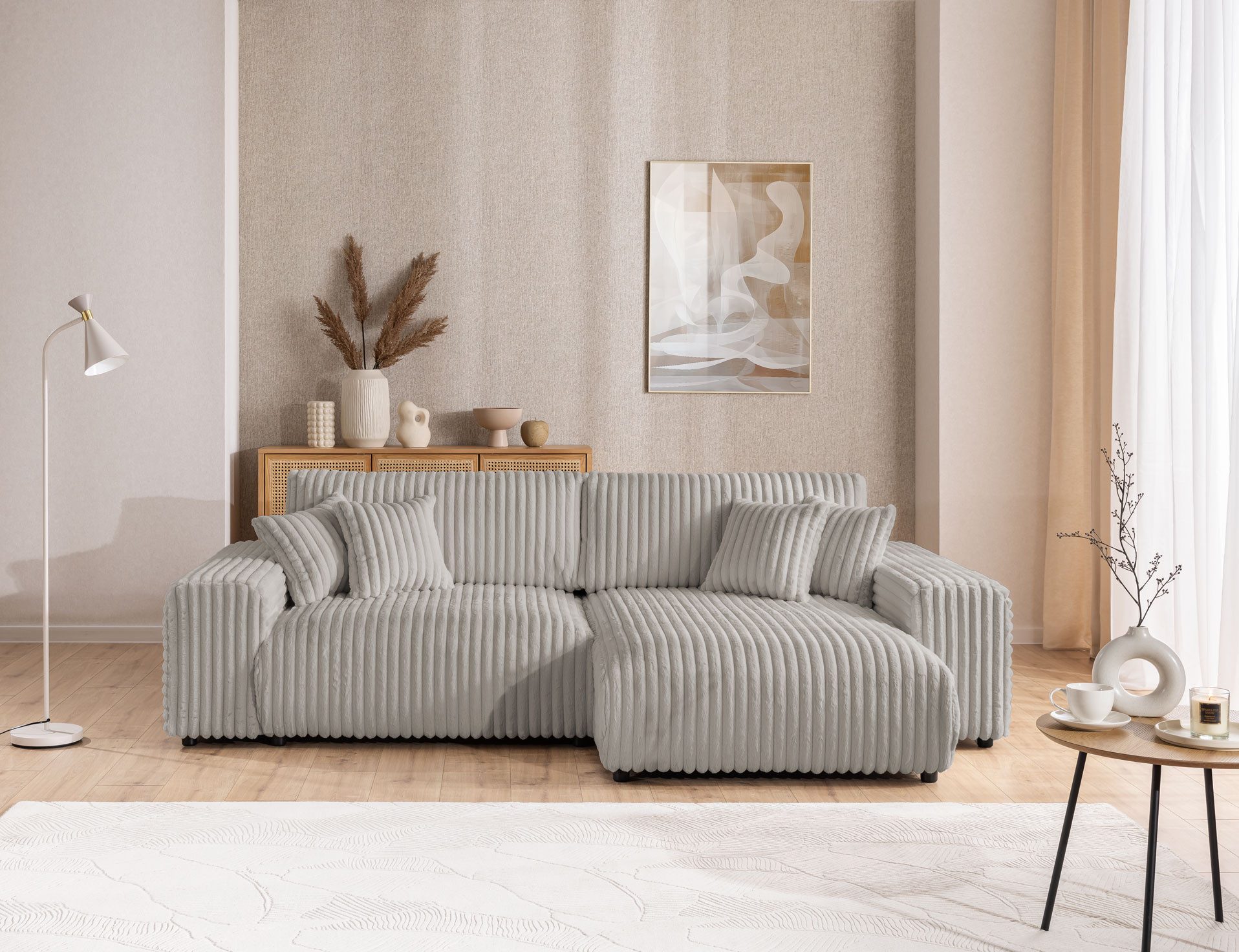 S-Style Möbel Ecksofa Mollis mit Schlaffunktion und Bettkasten aus Plüschcord, mit Wellenfederung