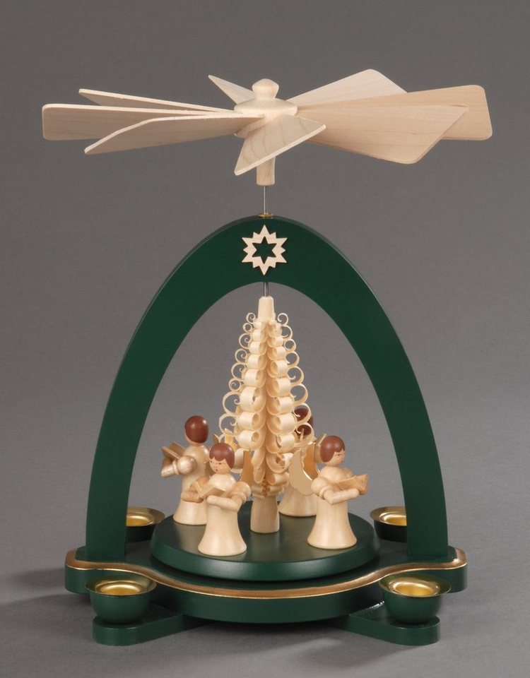 Albin Preissler Weihnachtspyramide 4 stehende Engel mit Spanbaum,  Weihnachtsdeko, Handwerkskunst aus dem Erzgebirge