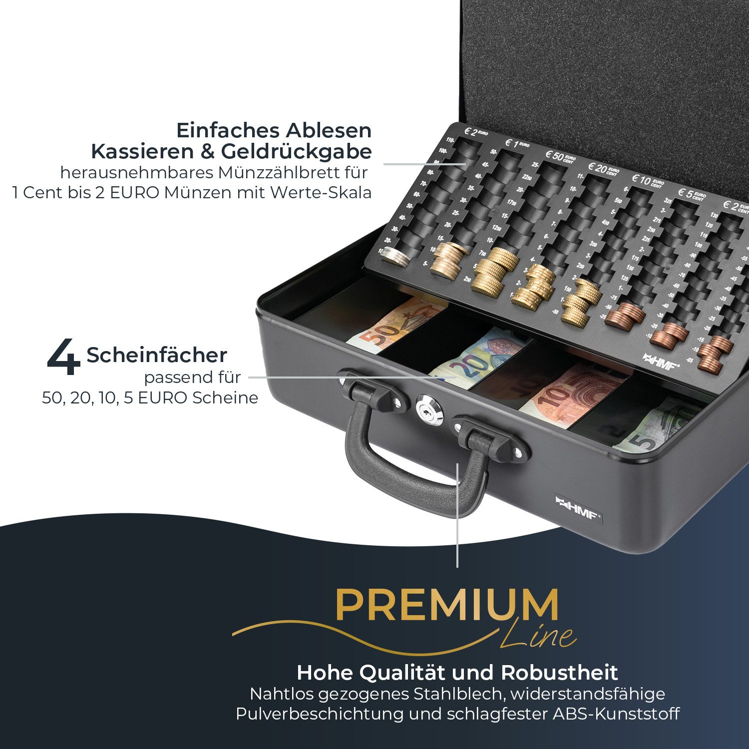 HMF Geldkassette Geldkassette mit EURO-Münzzählbrett, 4 Scheinfächer für 5-50 € Scheine, Geldzählkassette mit Koffertragegriff, 36 x 25 x 11 cm, Schwarz – Bild 2 von 5