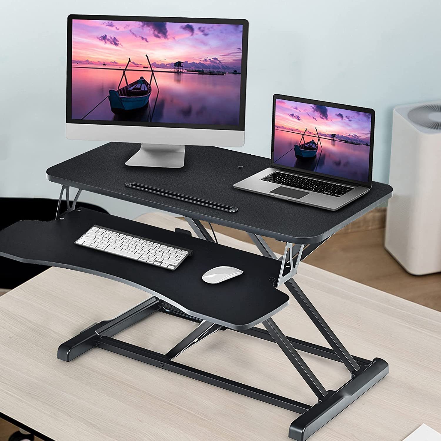 KOMFOTTEU Computertisch Sit-Stand Workstation, Höhenverstellbarer Schreibtischaufsatz, belastbar bis 15 kg Schwarz