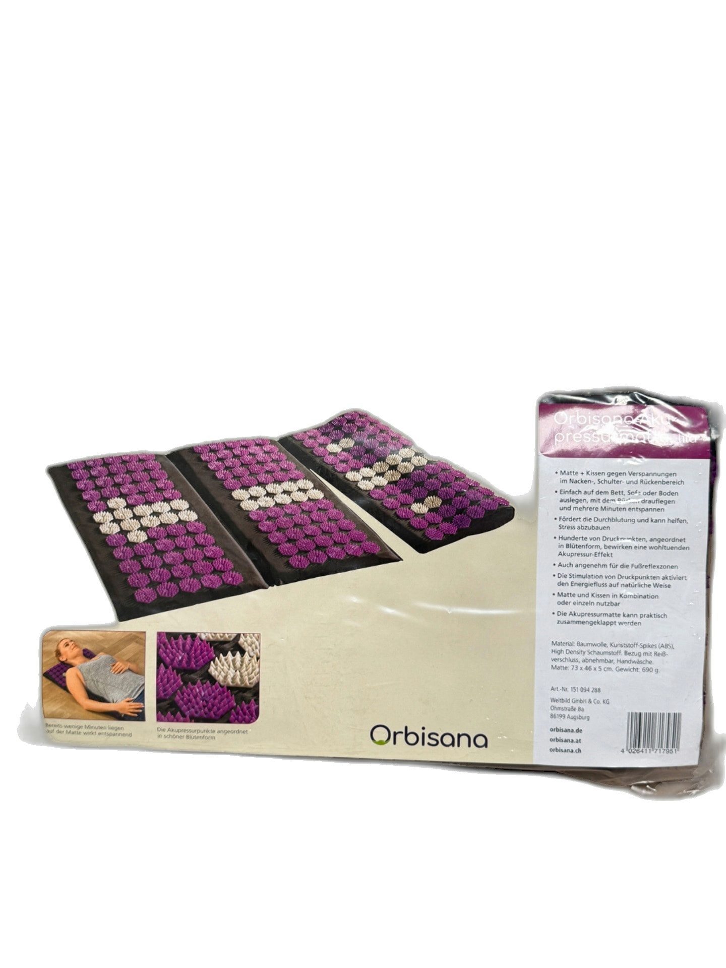 Westfalia Werkzeug Akupressurmatte Orbisana Akupressurmatte mit Kissen, Lila (Set, 2-St., Matte und Nackenkissen), Über 6000 Akupressurspitzen, inklusive Nackenkissen