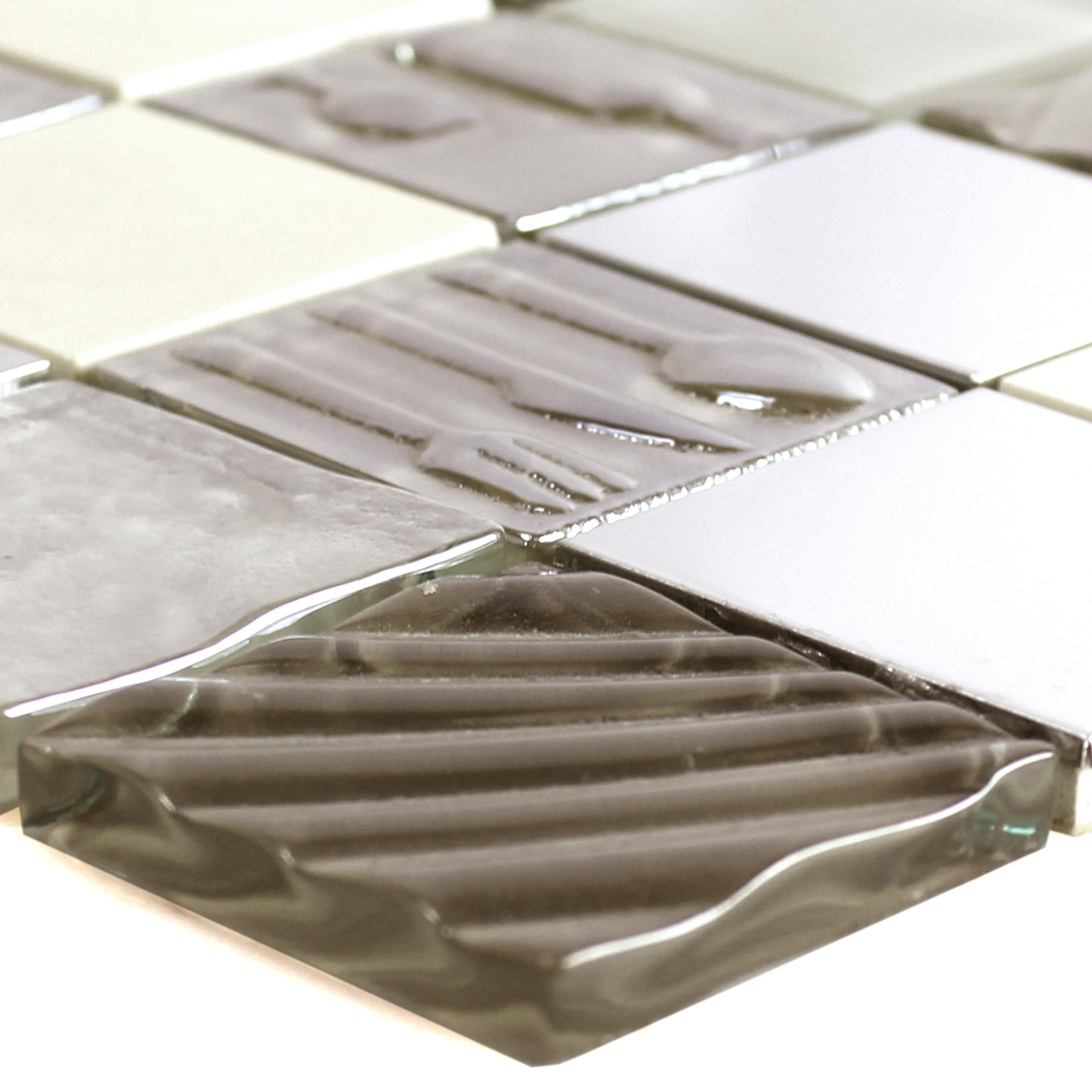 Mosafil Mosaikfliesen Glas Edelstahl Naturstein Mosaikfliesen Emporia Braun Beige Silber, Naturstein-Glas-Metall-Edelstahl 30.000x30.000, beige-braun-silber, Verlegefertig auf ein Netz geklebt - Wasserfest