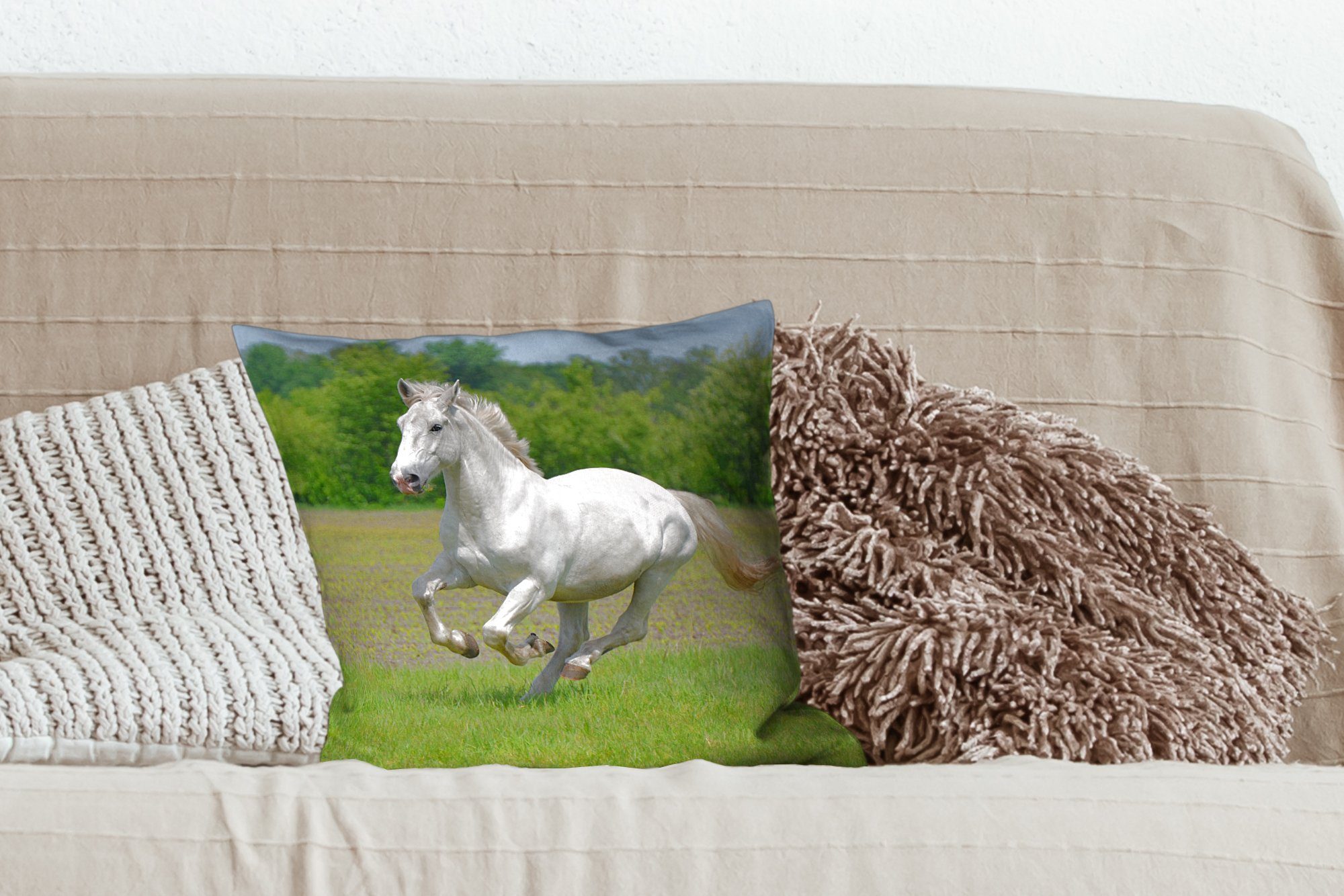 Dekokissen Deko, für Pferde mit Schlafzimmer, Wohzimmer, MuchoWow Füllung Sofakissen - Zierkissen Natur - Weiß,