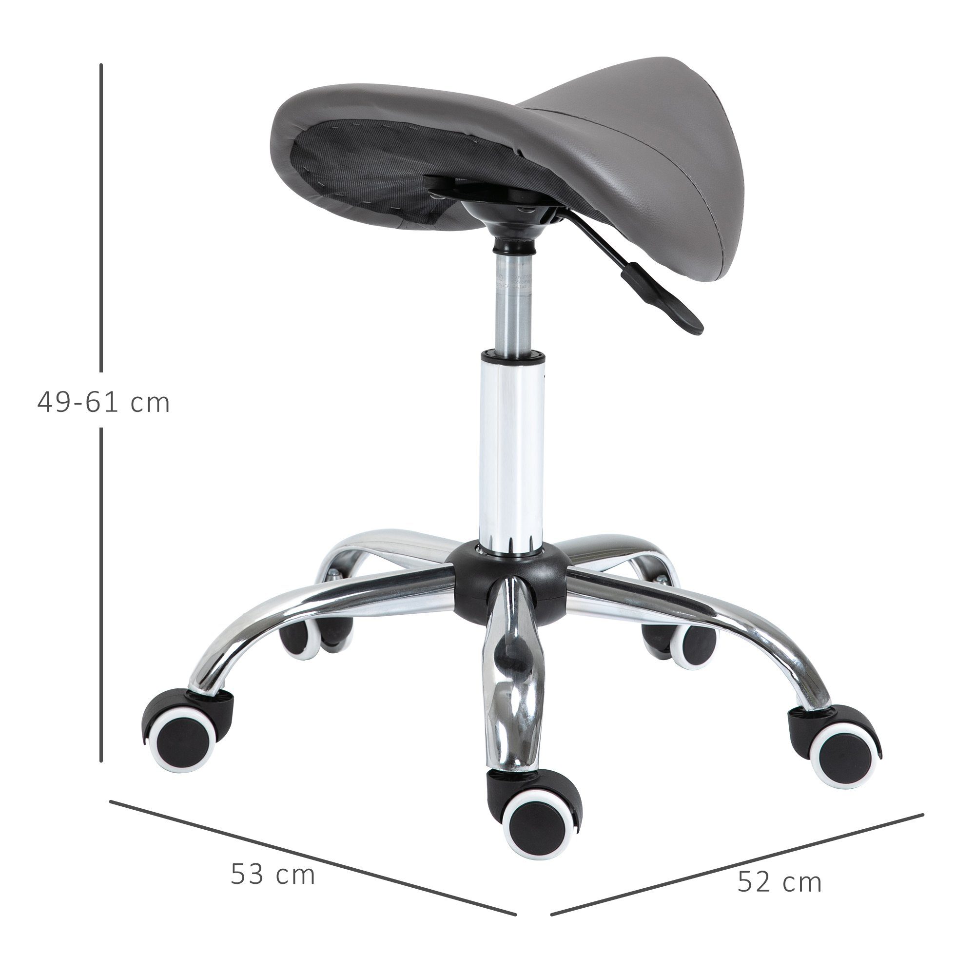 HOMCOM Rollsitz Höhenverstellbarer Salonhocker Drehhocker mit Rädern (Kosmetikhocker, 1 St., Arbeitshocker), Grau 52 x 53 x 49-61 cm
