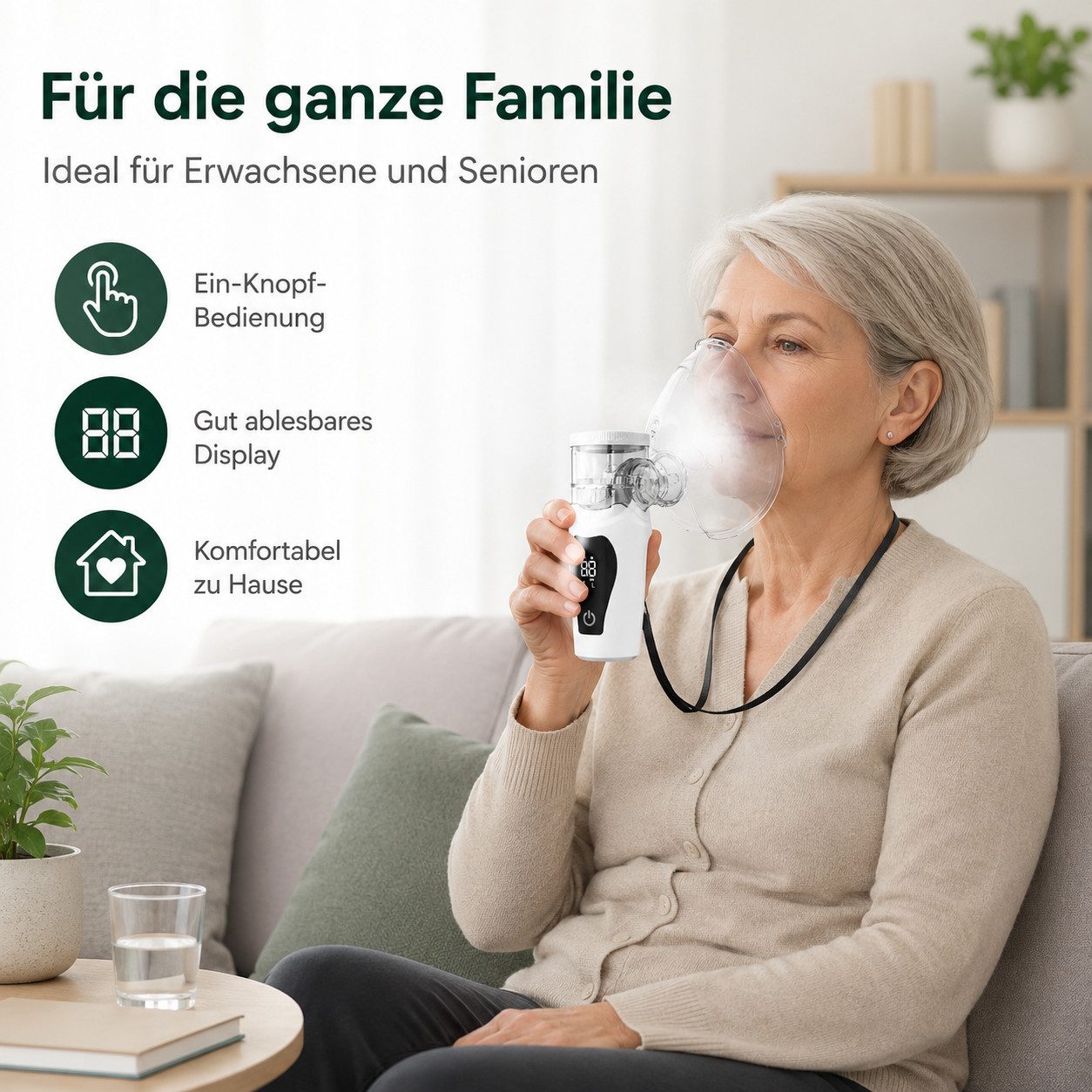 Tekoo Inhalator Tragbares Inhalationsgerät mit Mesh-Verneblung und Digitaldisplay, Inhalationsgerät-Set, Mesh-Vernebler, der Maske, Mundstück und USB-C-Ladekabel, Mesh-Verneblung, 2 Modi, Display, USB-C, 1200-mAh-Akku