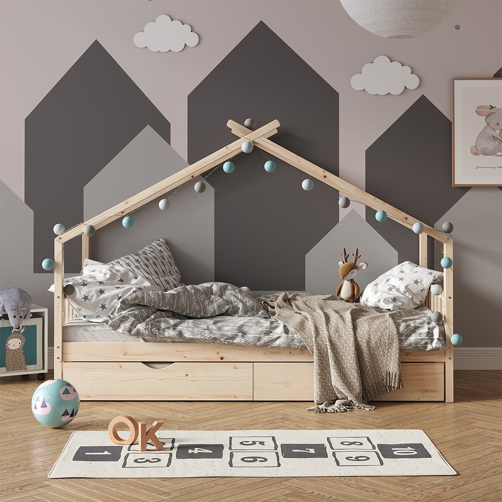 VitaliSpa® Hausbett Design, Naturholz, 90x200 cm mit Gästebett