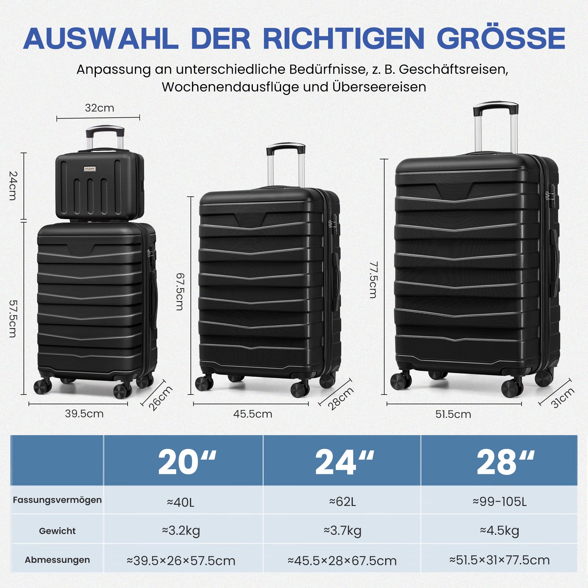 ChaCool Hard-Shell Trolley Hard-Shell Trolley Premium Travel Suitcase Rolling Hand Luggage, Suitcase with four 360° Wheels and Combination Lock, 57/67/77 cm, 40/62/99 L