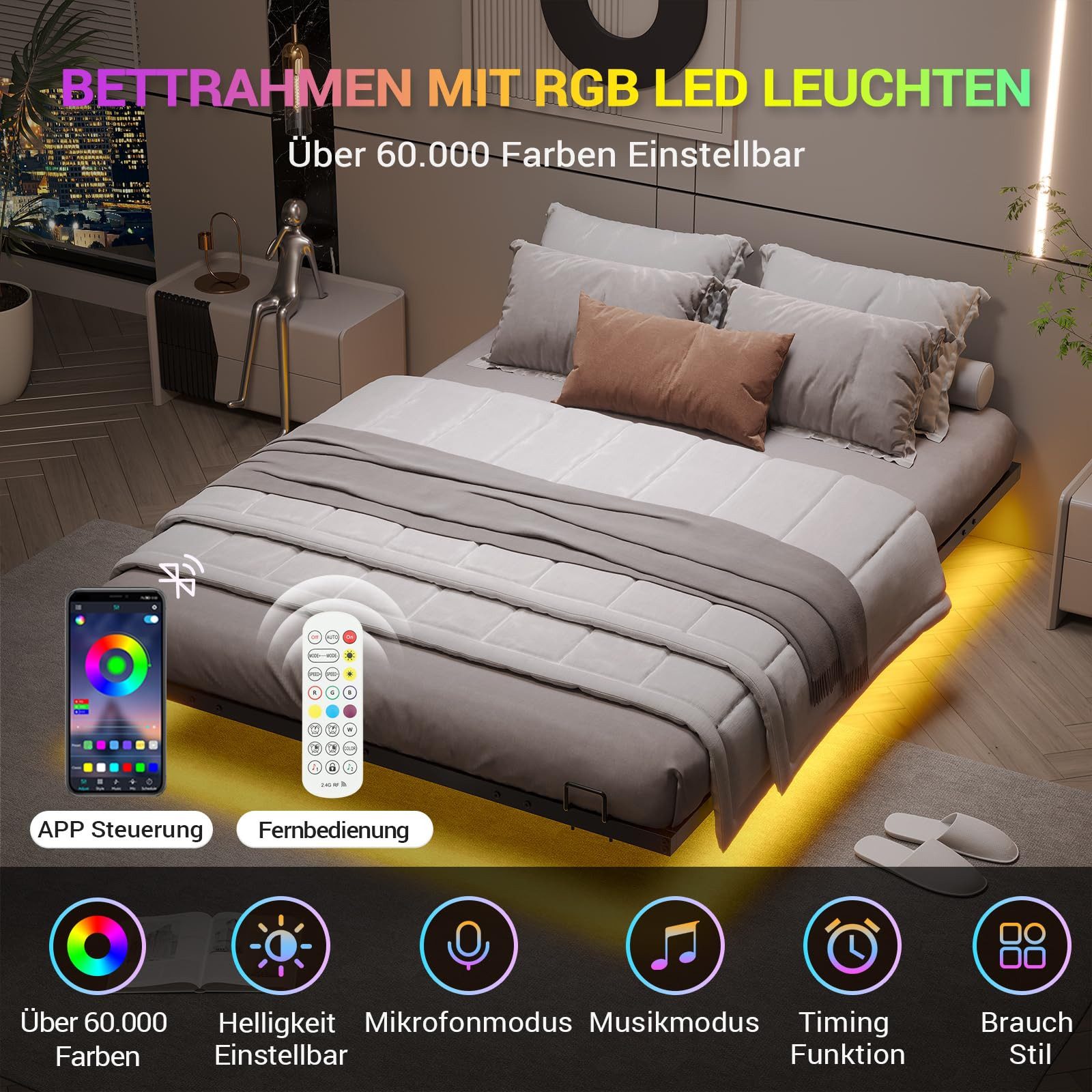 MSMASK Metallbett Schwebebett Bettgestell mit LED-Beleuchtung (Ohne Matratze), 140x200cm