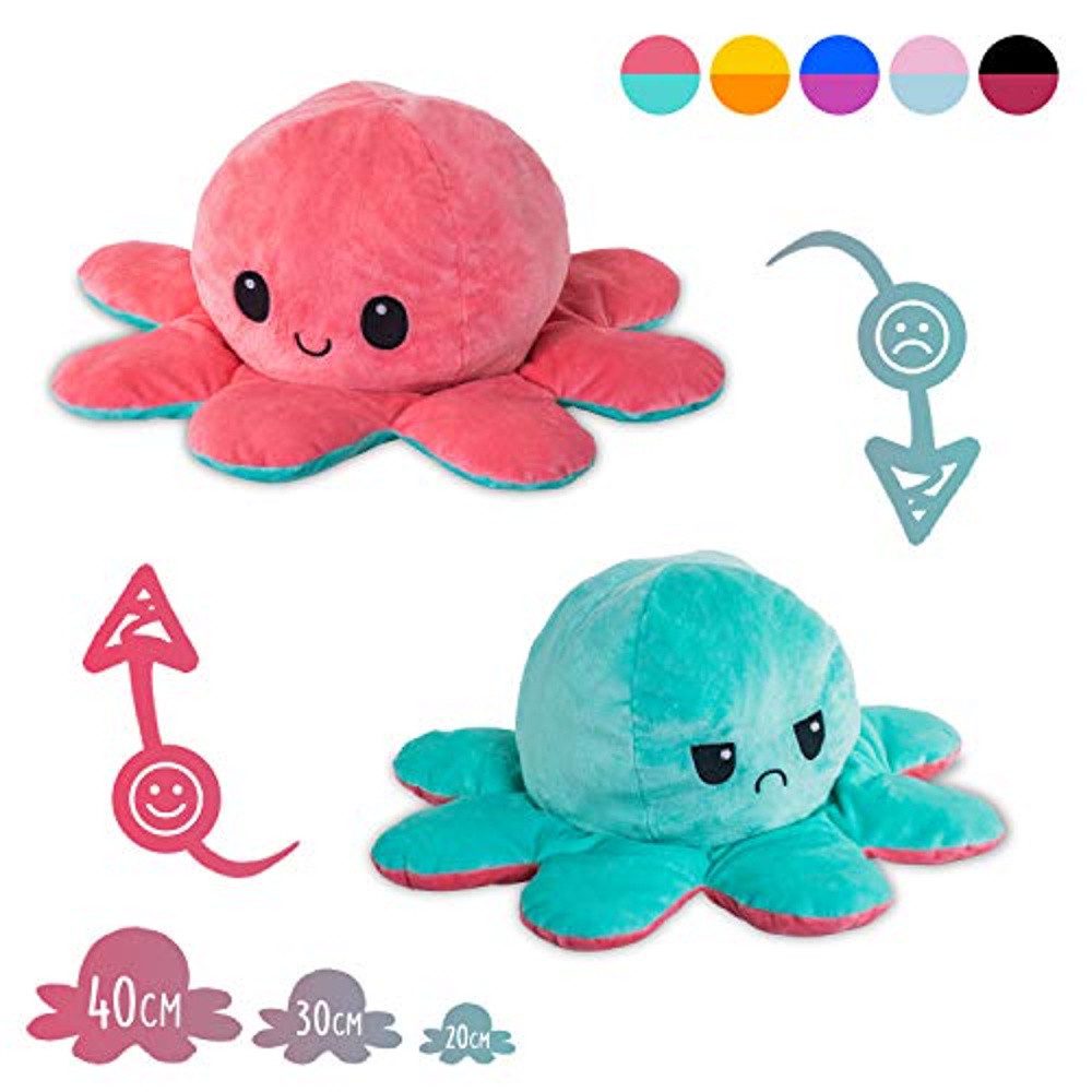 Kuscheltier Stimmungs Oktopus in 3 Größen - 20, 30, 40 cm, Plüsch, doppelseitig zum Wenden