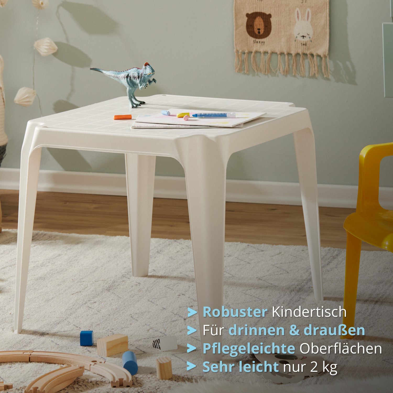 KHG Kindertisch Kindertisch für Garten & Kinderzimmer, Pflegeleichte Oberfläche (kindgerechte Höhe 44 x 50 x 50 cm, Outdoor, robust wetterfest), Pflegeleicht, Wetterfest, Stabil, Stapelbar