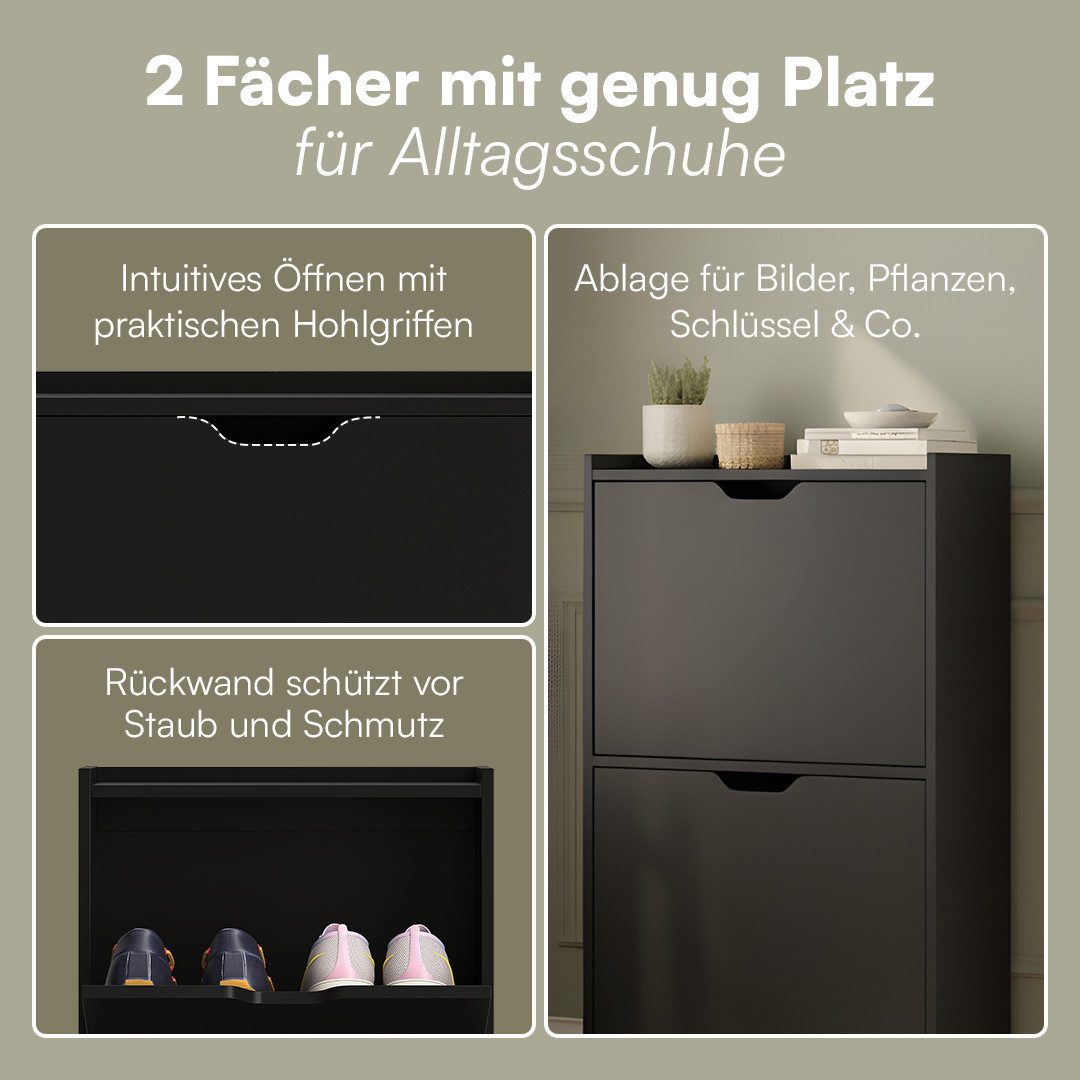 Bellamio Schuhschrank Ceyhan 19 cm Tiefe für schmale Flure (Schuhregal mit 2 Klappfächern) Schuhkipper schwarz, auch verfügbar mit 4 Fächern