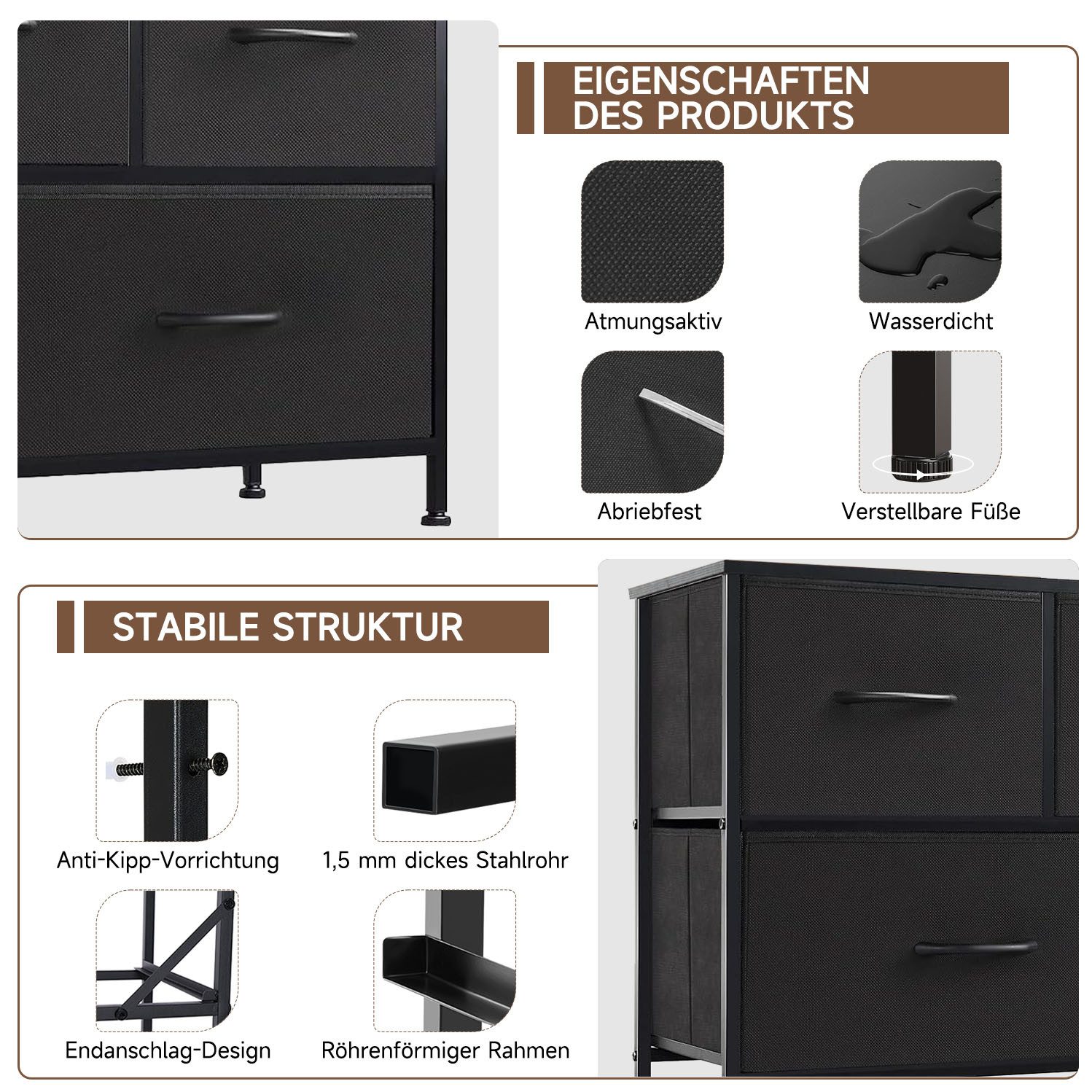 Refined Living Kommode Schubkastenkommode mit 5 Schubladen Stoffkommode stabilem Stahlrahmen (Sideboards mit Holzplatte und leicht zu ziehendem Griff für Schränke, Große Kapazität, Aufbewahrung von Kinder- und Erwachsenenkleidung), wasserdicht Geeignet für Wohnzimmer, Kinderzimmer, Flur, Schlafzimmer