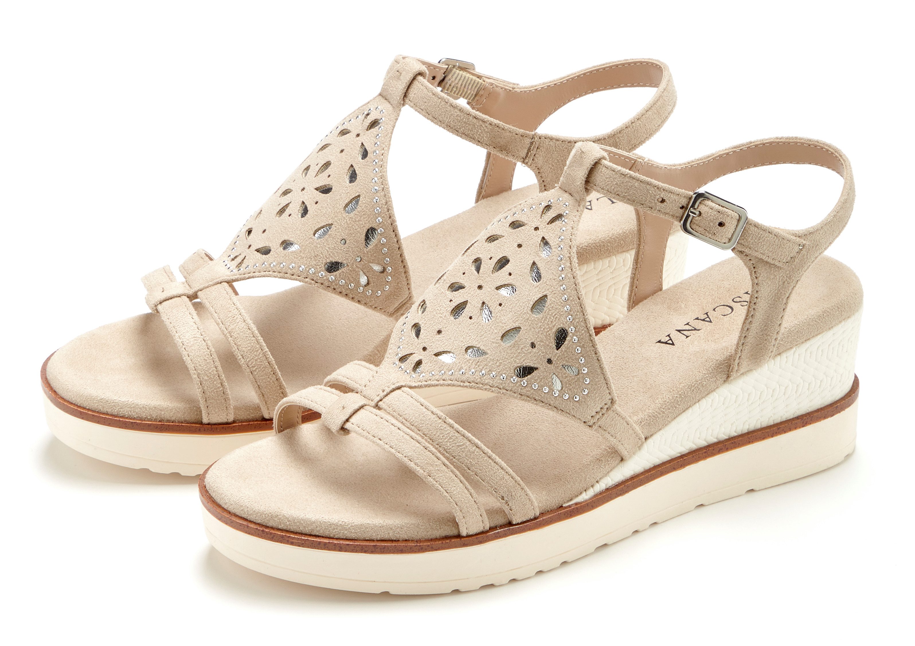LASCANA Sommerschuh, offener Schuh, Sandale, Keilsandalette, Sandalette mit Keilabsatz gepolsterter Innensohle VEGAN. € 59,99