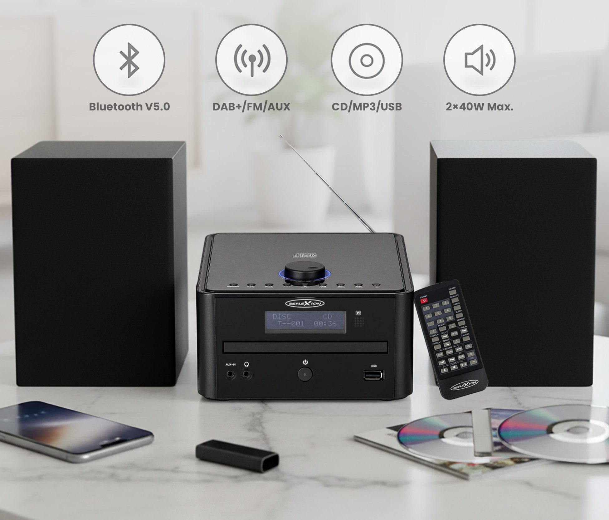 Reflexion HIF79DAB Microanlage (DAB/DAB+, UKW Radio, 80,00 W, Stereo-Micro-Hifi-System mit DAB, UKW, USB, MP3/CD, und Bluetooth)