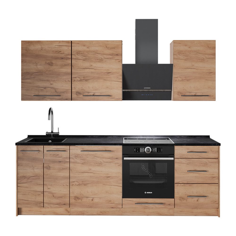 Vicco Küchenzeile Fame-Line, Goldkraft Eiche/Goldkraft Eiche, 230 cm ohne Arbeitsplatte