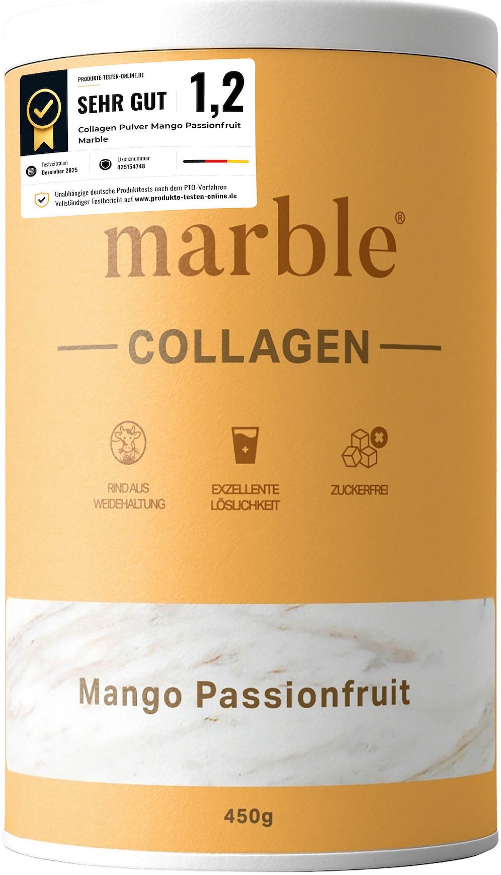 Marble Kollagen Pulver Mango Passionfruit 450g – Peptide Typ 1,2&3 - marble® Pulver, Packung à 1 St., 450 g, Pappdose ohne Plastik, Umweltschonend