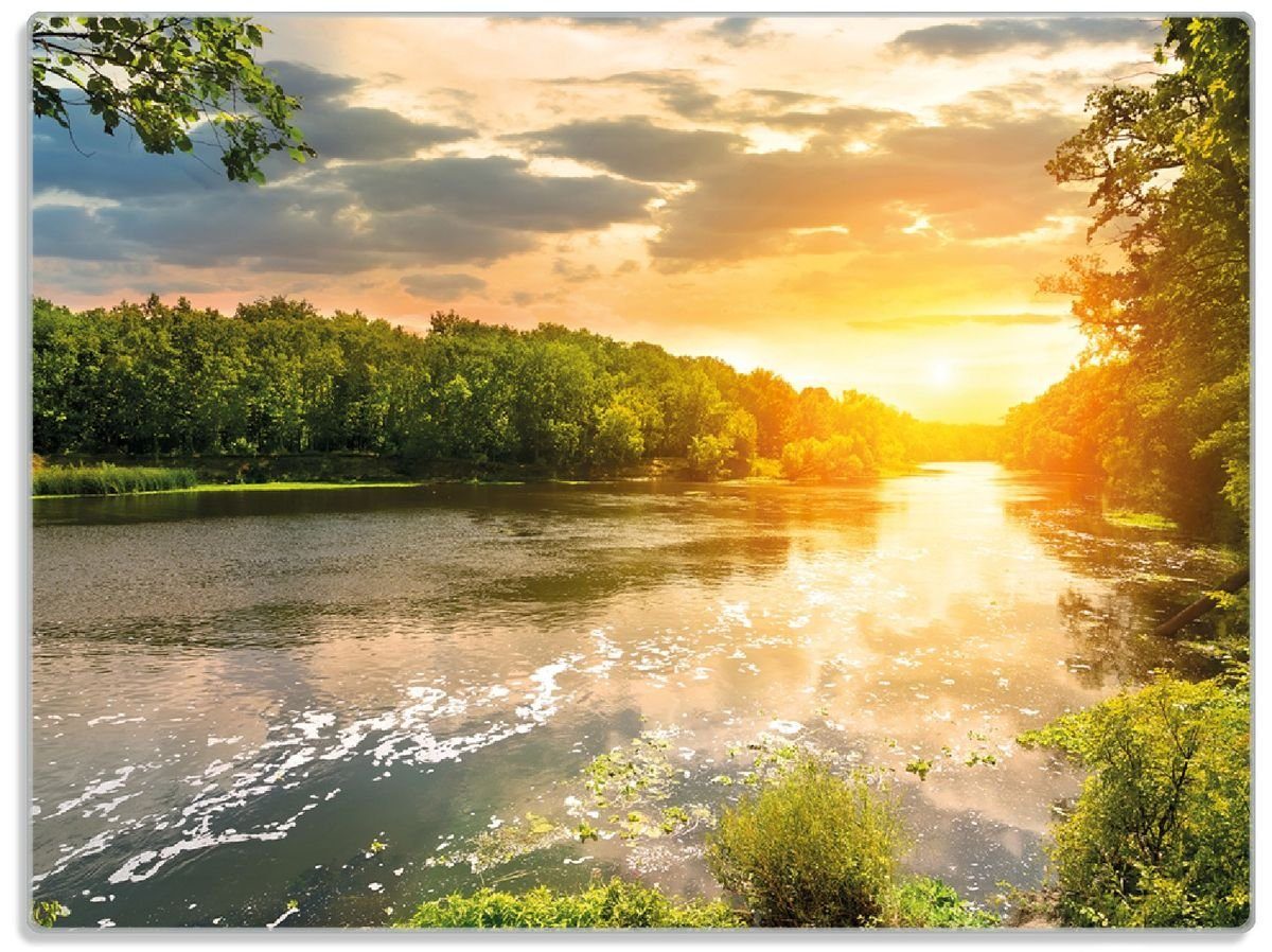 in Schneidebrett 1-St), 4mm, Sonnenuntergang 30x40cm am grüner rutschfester Umgebung, Gummifüße Fluss Wallario ESG-Sicherheitsglas, (inkl.