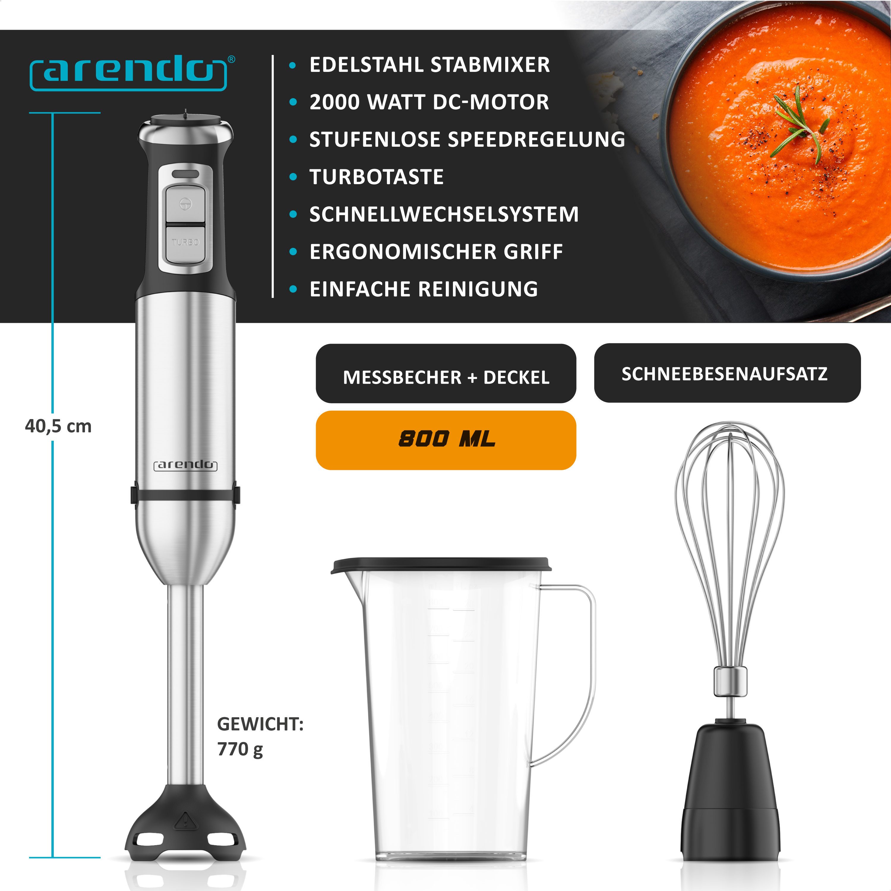 Arendo Stabmixer Set 2000 Watt, Edelstahl Pürierstab, Handmixer, stufenlose Regelung, 2000 W, Turbotaste, Abnehmbarer Mixfuß, DC-Motor, ergonomischer Griff