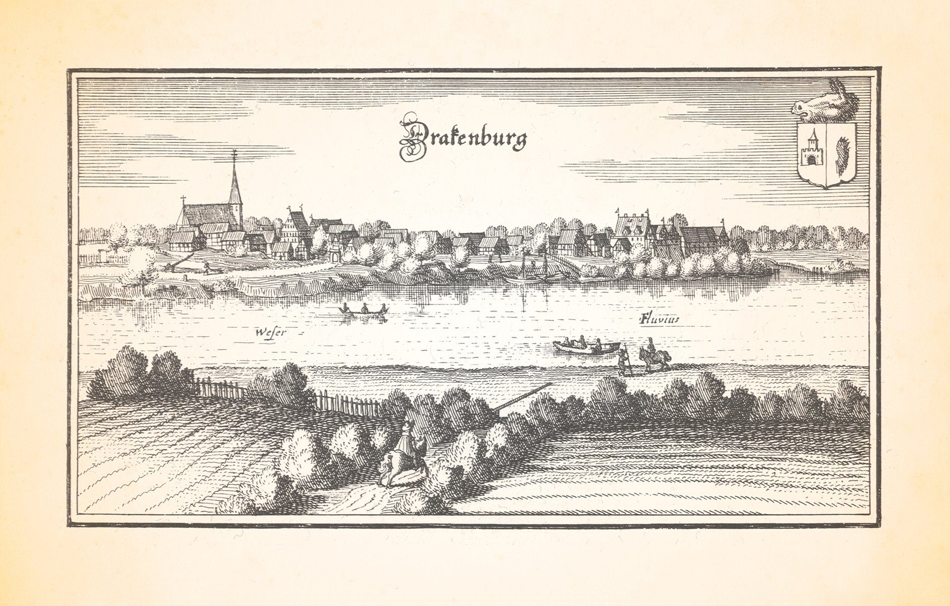 Kunstdruck Drakenburg Weser Burganlage Schlossgut Pfarrkirche Kupferstich Merian