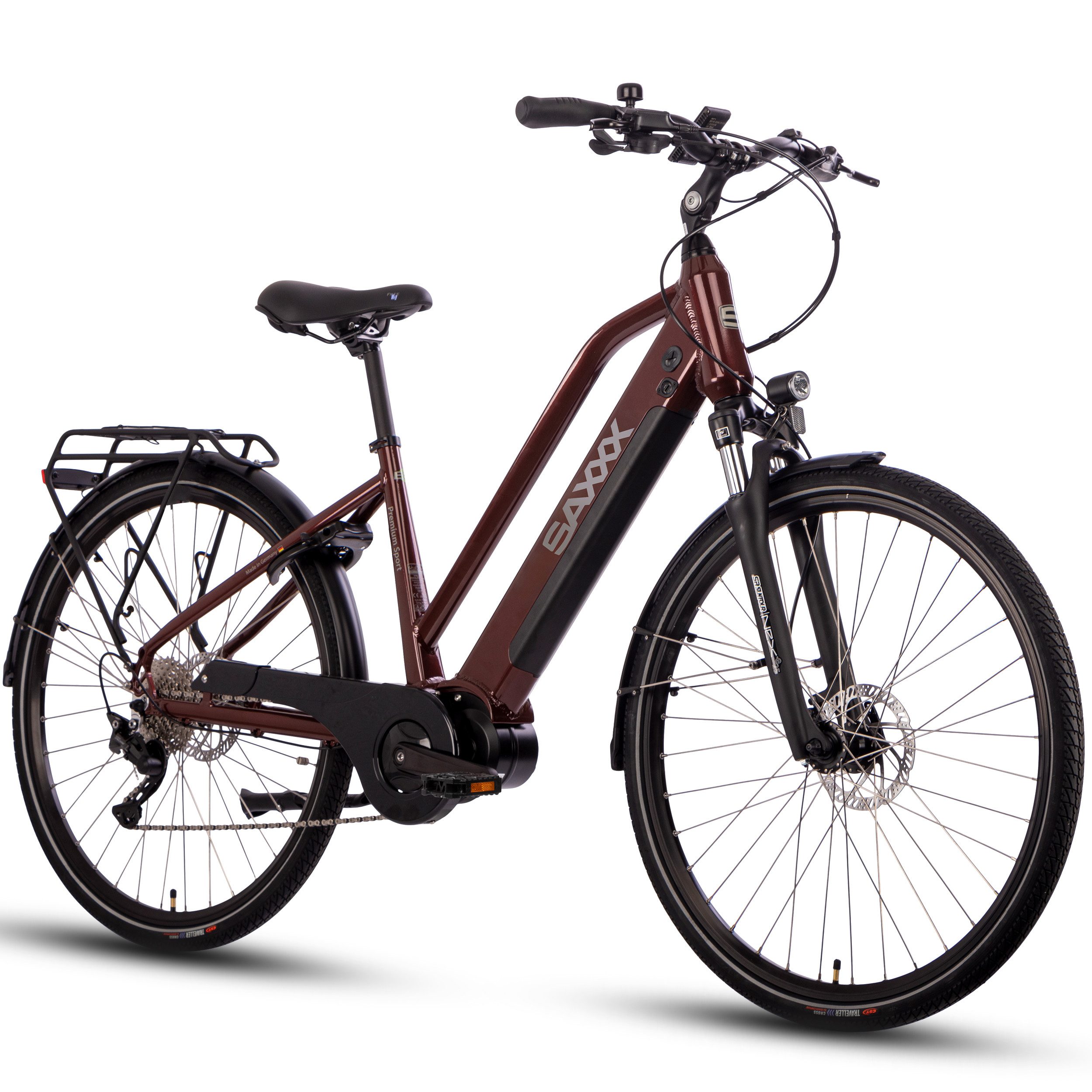 SAXXX E-Bike Trekkingrad 28x2'' für Damen u. Herren, SAXXX PST, 522Wh, 60-100km, 130kg, 10 Gang SHIMANO Deore Schaltwerk, Kettenschaltung, Mittelmotor, 522 Wh, (mit Schloss, mit abnehmbarem Akku, vormontiert zu 95), 25km/h, Pedelec, E-Cityrad, hydr. Scheibenbremsen