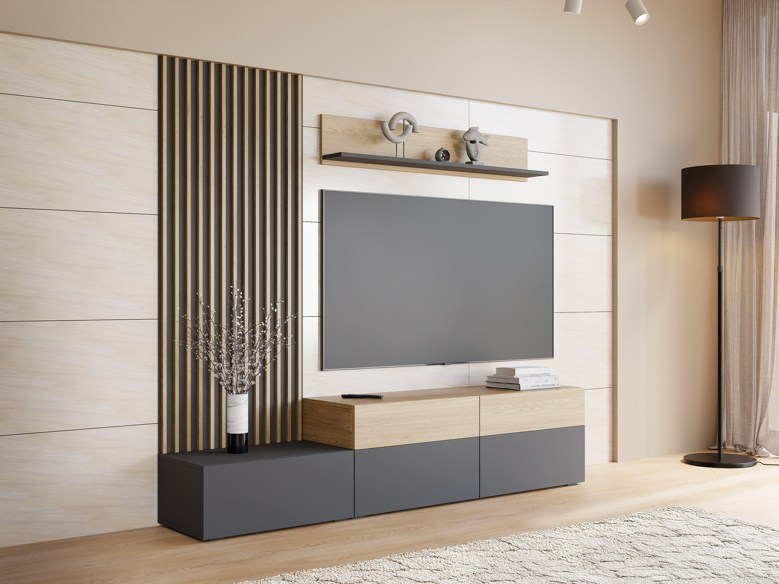 MIRJAN24 Wohnwand Narezi I, (TV-Lowboard, Wandboard, Wandpaneel), Schubladen und Klappen - Push to Open, 225x40x209 cm